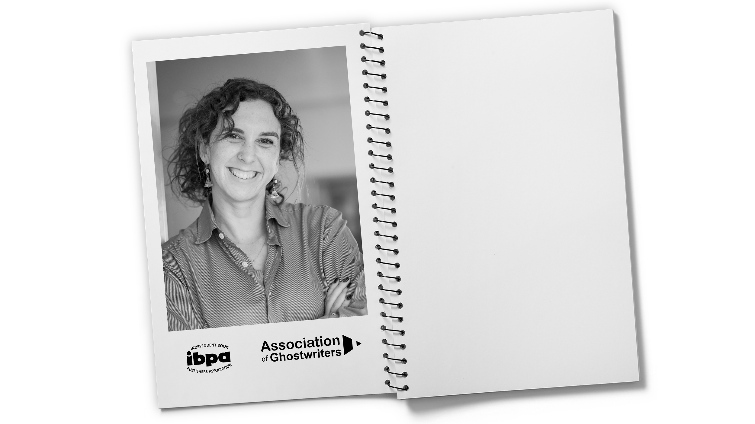 Black and white portrait of a woman with curly hair, smiling, wearing earrings and a button-up shirt, on a page of a notebook with the logos of ibpa and Association of Ghostwriters.
