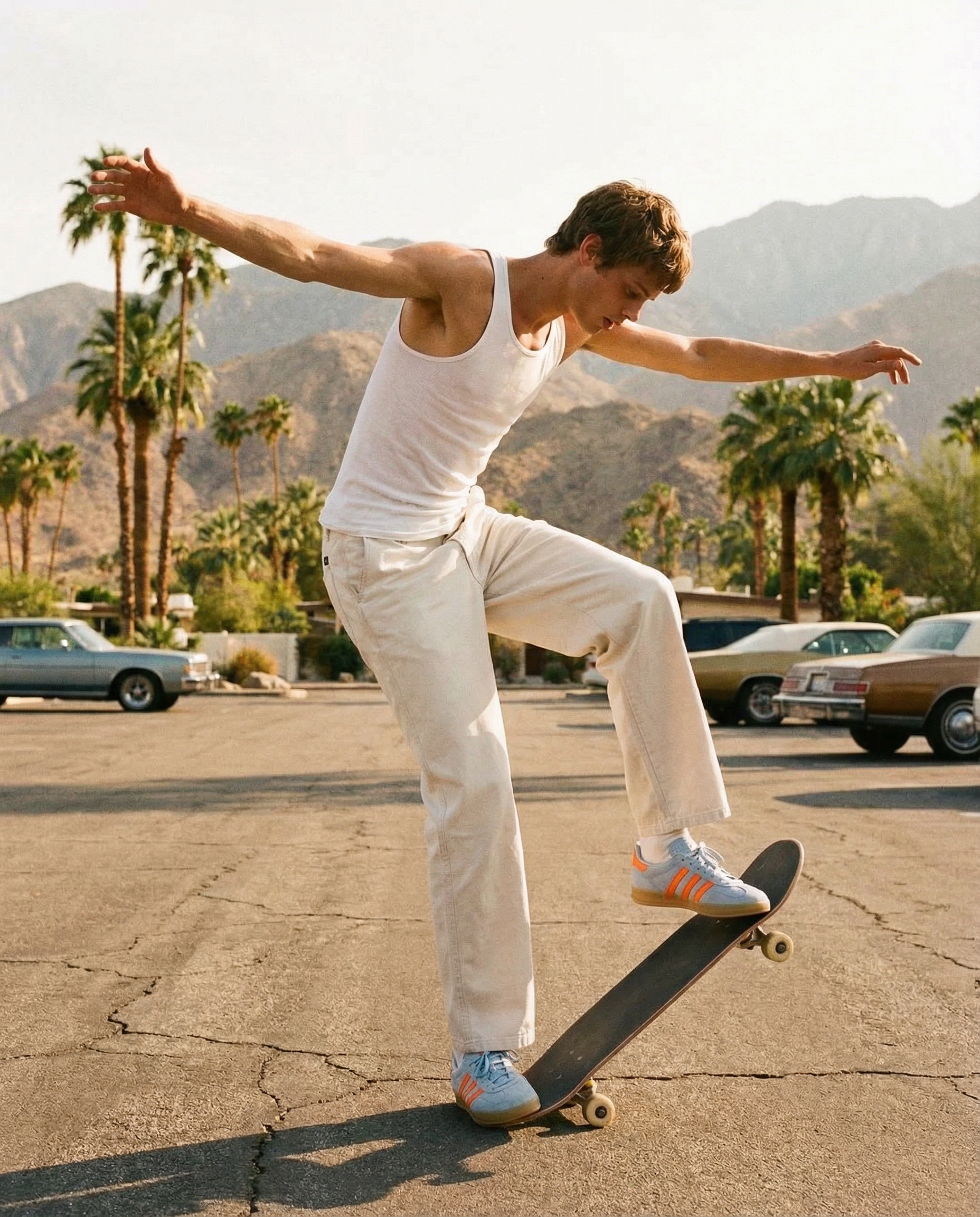 A young man in a white tank top and beige pants is skateboarding on a cracked concrete surface with mountains and palm trees in the background.