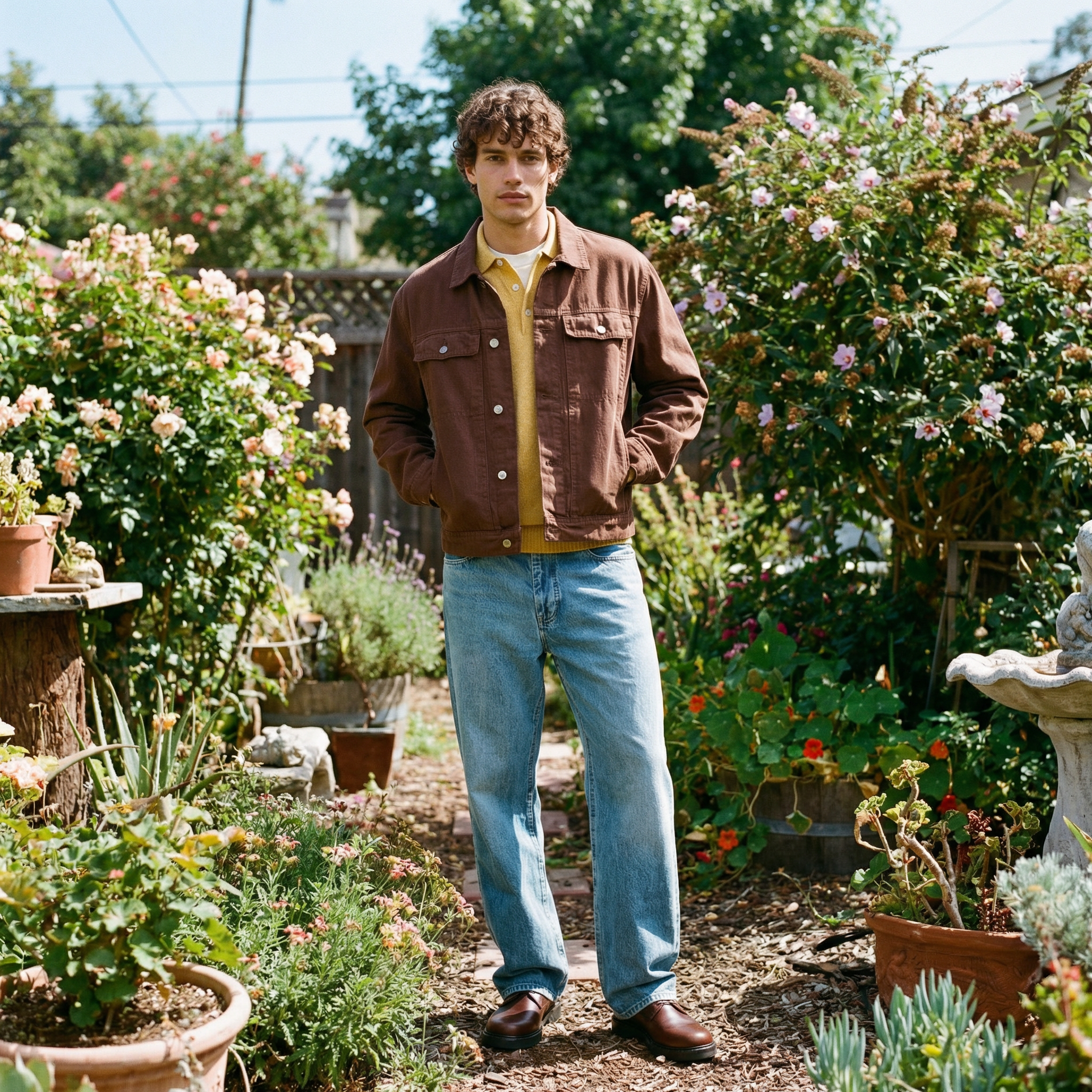 A young man walking through a lush garden with various flowering plants and trees.