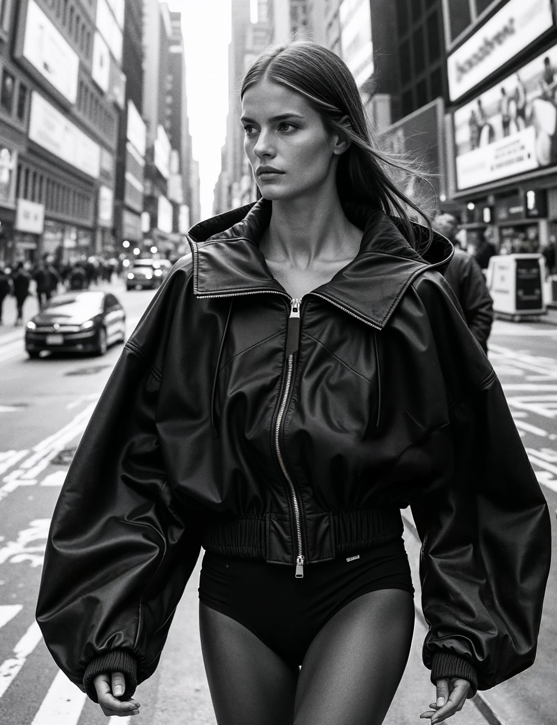 A black and white photo of a woman with long hair in a ponytail, wearing a leather jacket and leggings, walking on a busy city street with tall buildings, billboards, and cars in the background.