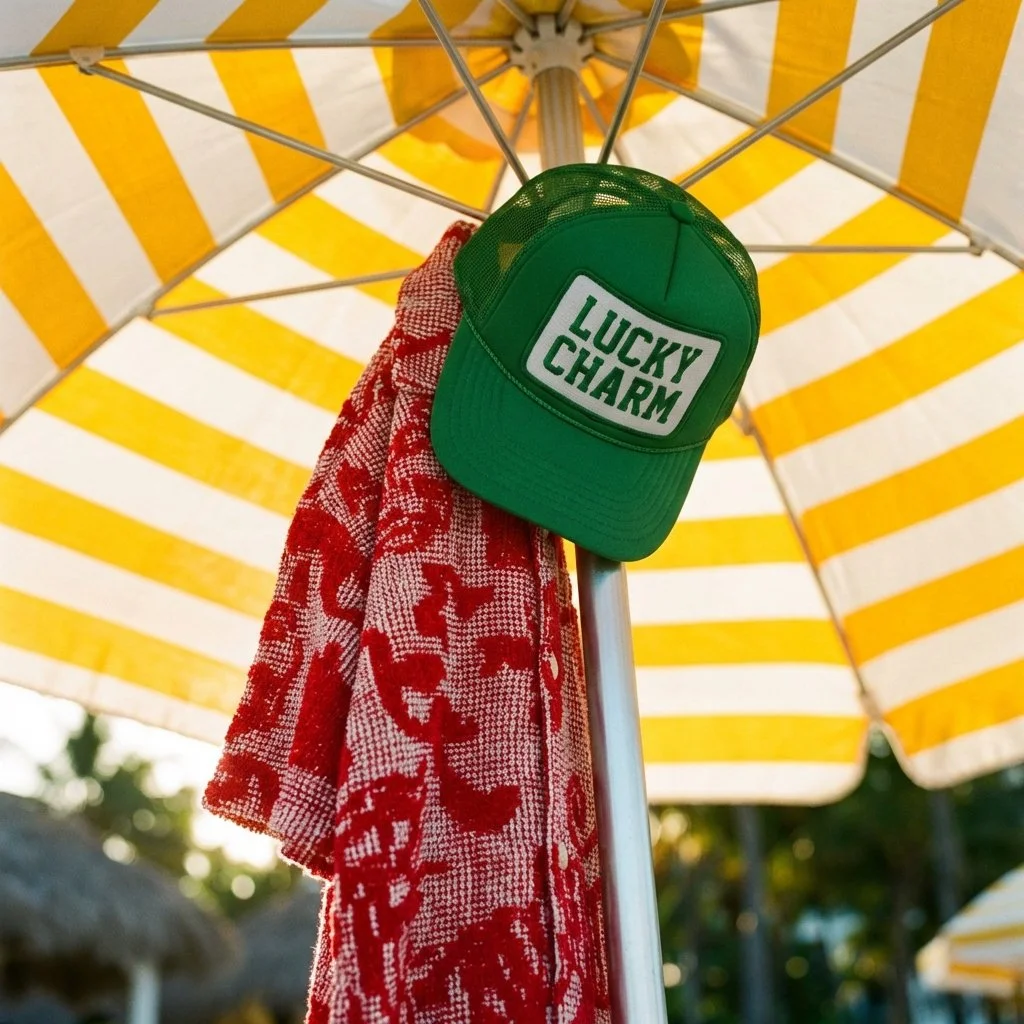 A green cap with the words "Lucky Charm" hangs under a yellow and white striped beach umbrella, with a red patterned towel hanging nearby.