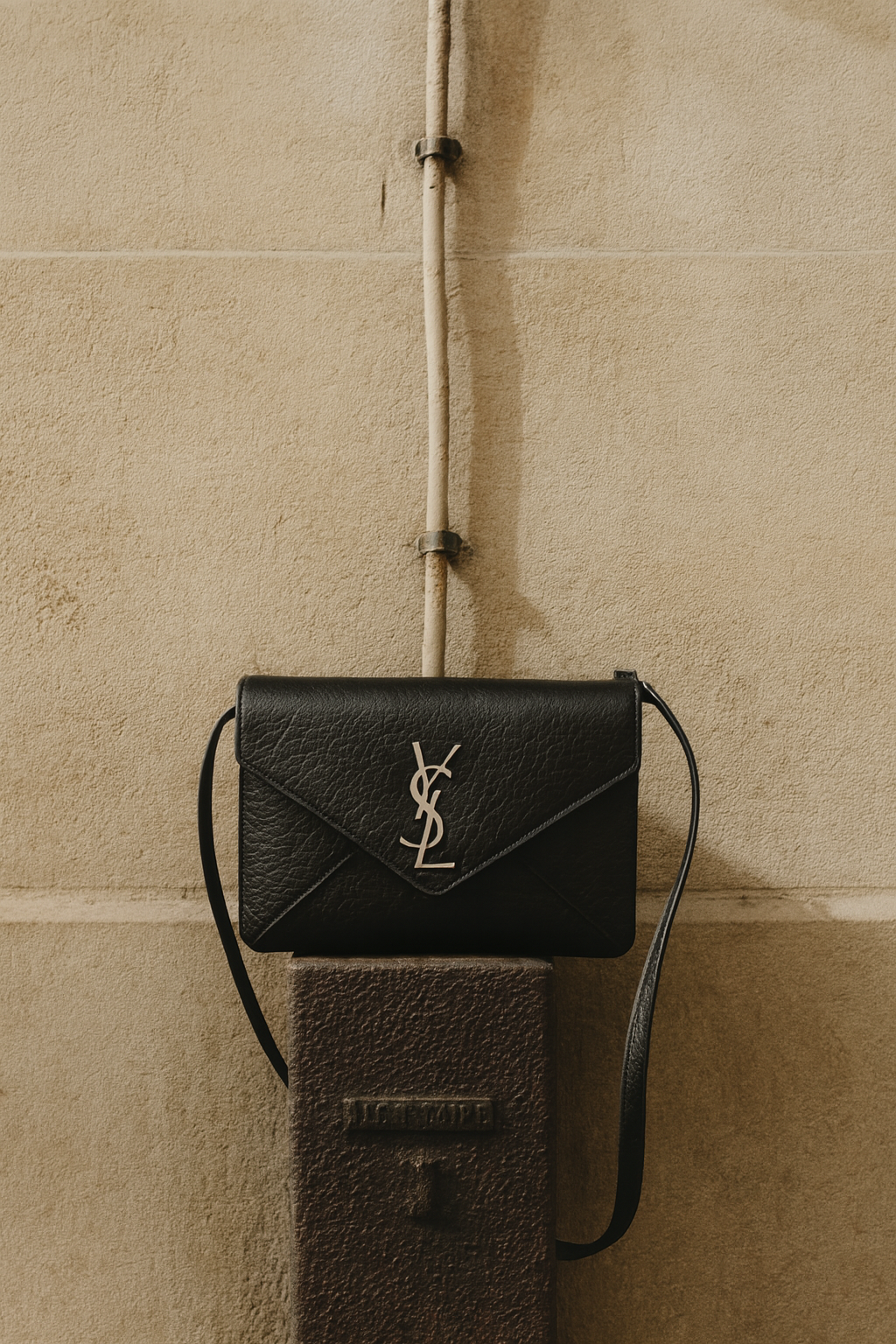 Black Yves Saint Laurent clutch purse with a silver logo, placed on a small granite block against a beige wall with visible texture and a vertical pipe.