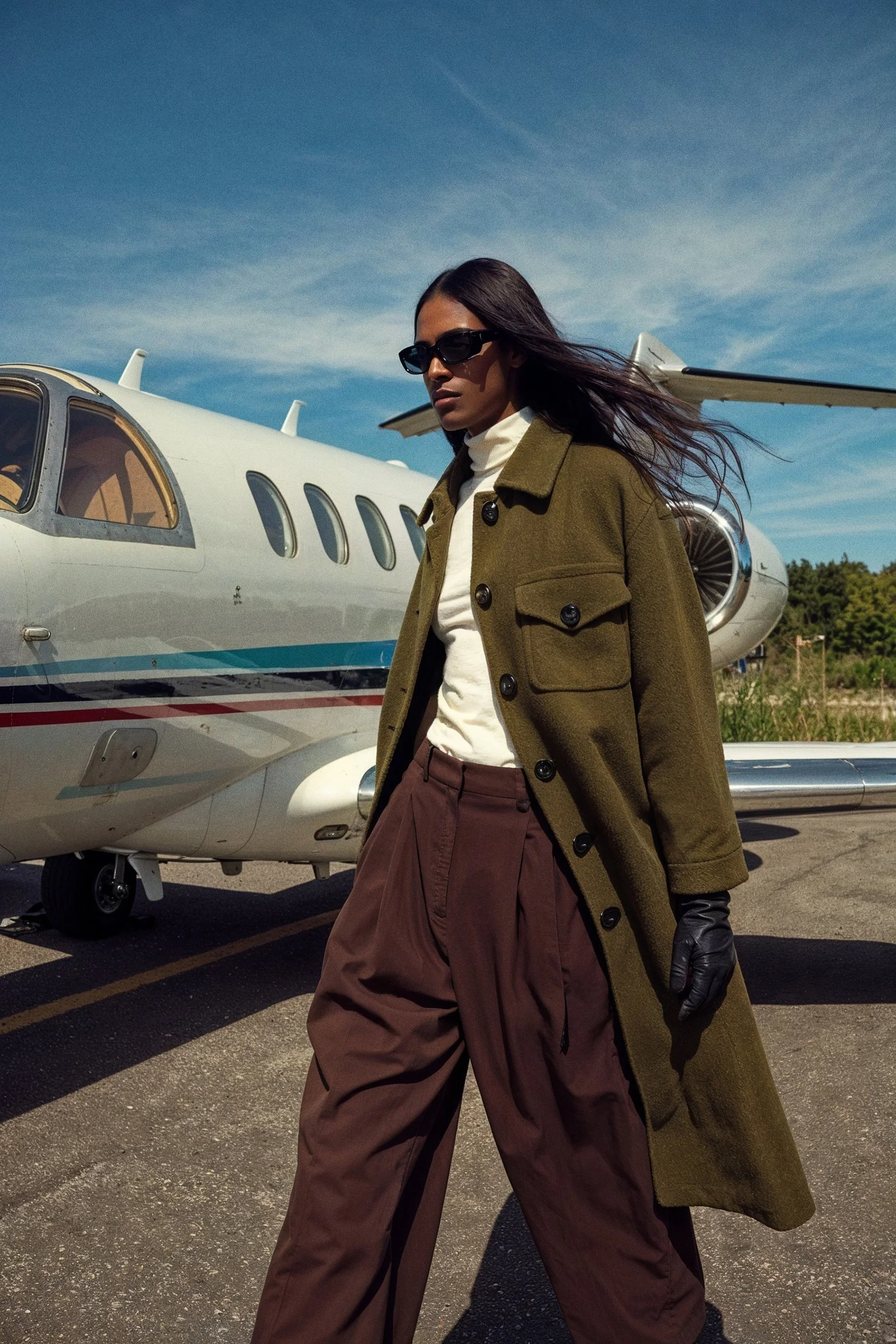 A woman with long dark hair wearing sunglasses, a white turtleneck, an olive green coat, and brown wide-leg pants stands in front of a private jet on a tarmac under a blue sky with clouds.