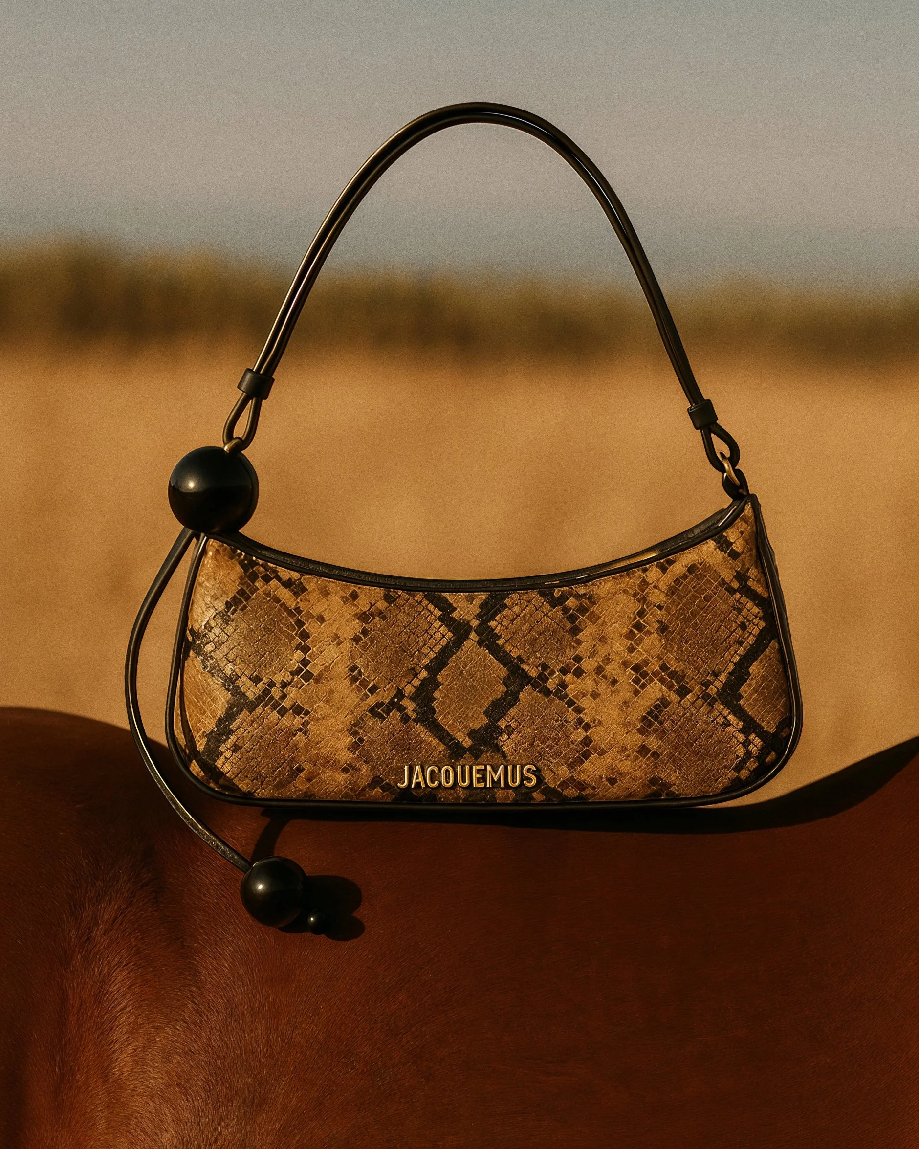A designer handbag with a snake-skin pattern, the brand name 'JACQUEMUS' on the front, and black metal handles with decorative black beads, resting on a wooden surface.  AI fashion editorial.