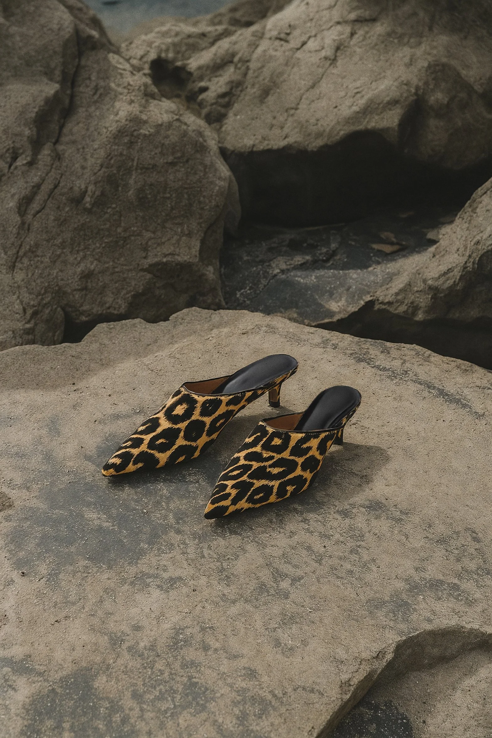 A pair of leopard-print high heel shoes on a sandy surface at a beach, with large rocks in the background.  AI fashion editorial.