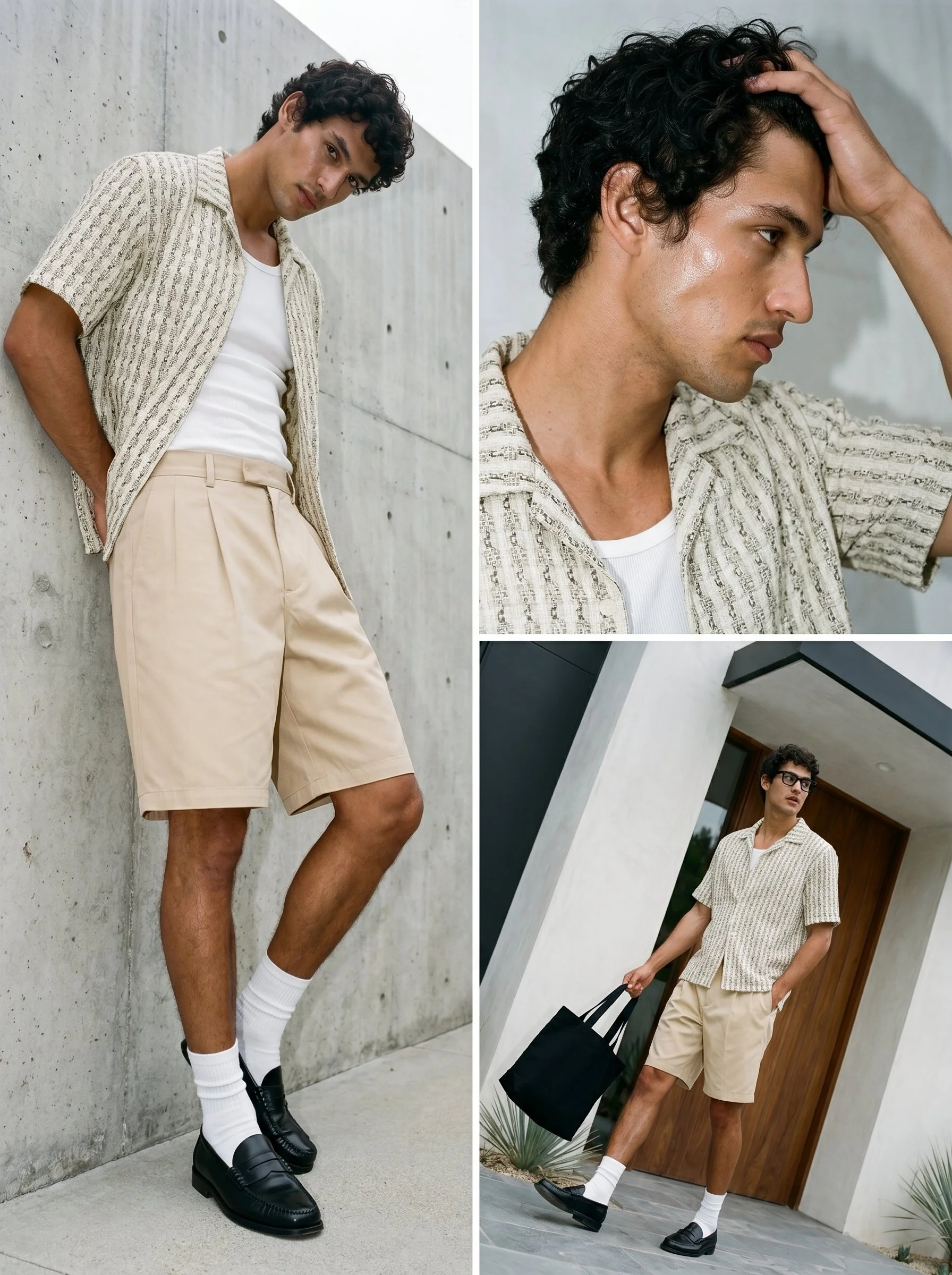Two young men with curly hair and light brown skin, wearing beige and white outfits, standing outside near a modern building. One is leaning against a concrete wall looking at the camera, while the other is adjusting his hair, both holding black shop