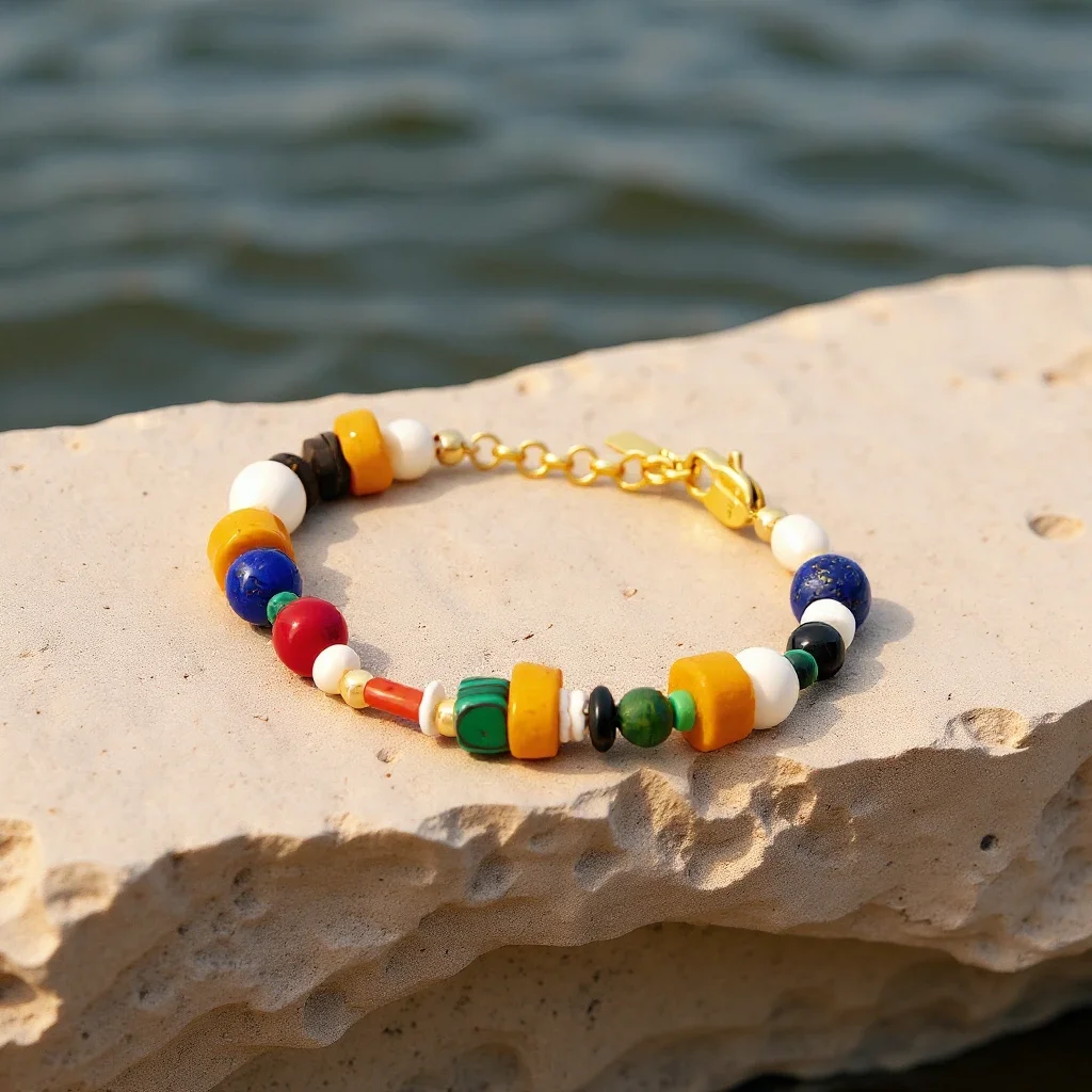 Colorful beaded bracelet with a gold clasp resting on a light-colored rock near water.