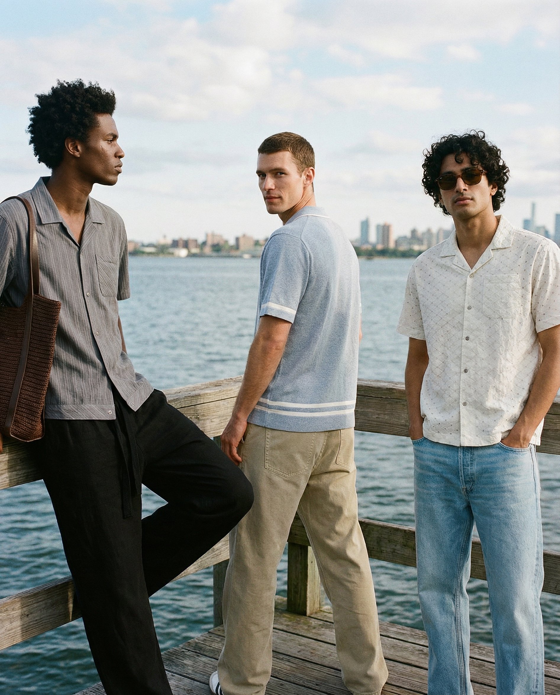 Three young men standing on a wooden pier near water with city skyline in the background, one wearing sunglasses and casual summer clothes.
