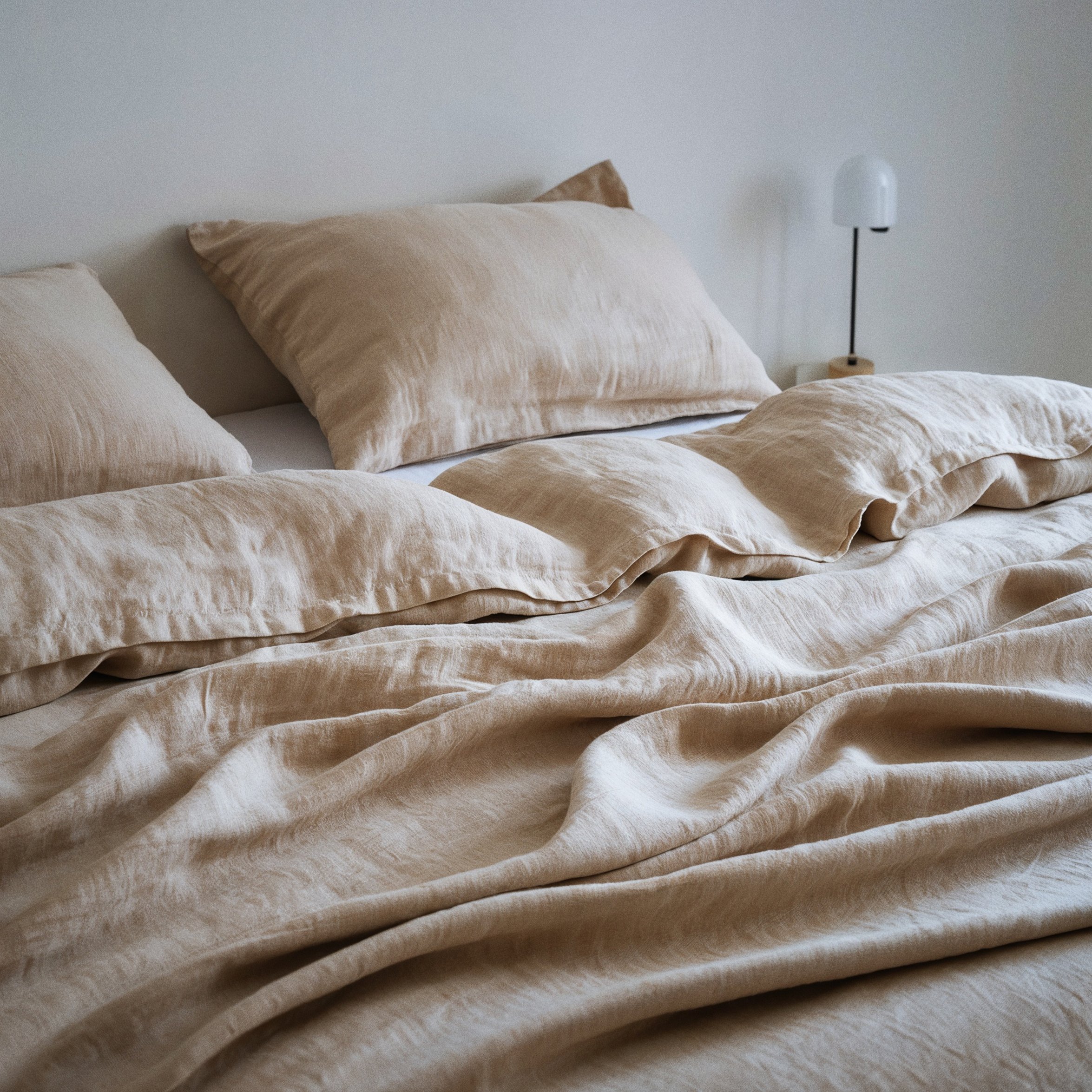A neatly made bed with beige linen bedspread and matching pillows, with a white wall and a modern bedside lamp in the background.