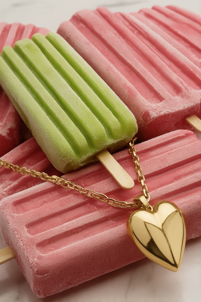 Close-up of pink and green popsicles with a gold heart necklace on top.