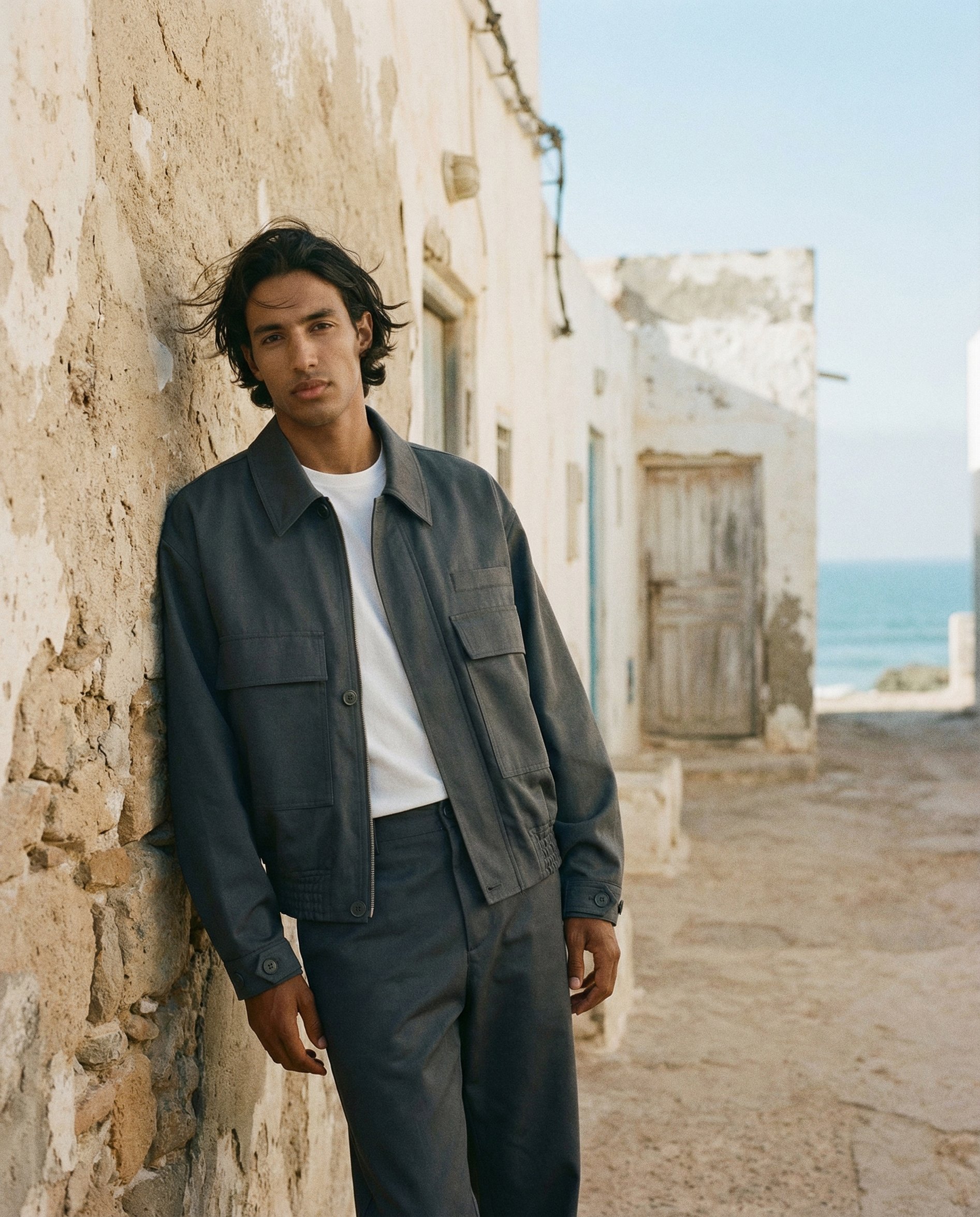 A young man with dark, wavy hair leaning against a weathered stone wall on a sandy path near the sea, wearing a dark jacket and pants, with a distant view of the ocean and a partially cloudy sky in the background.