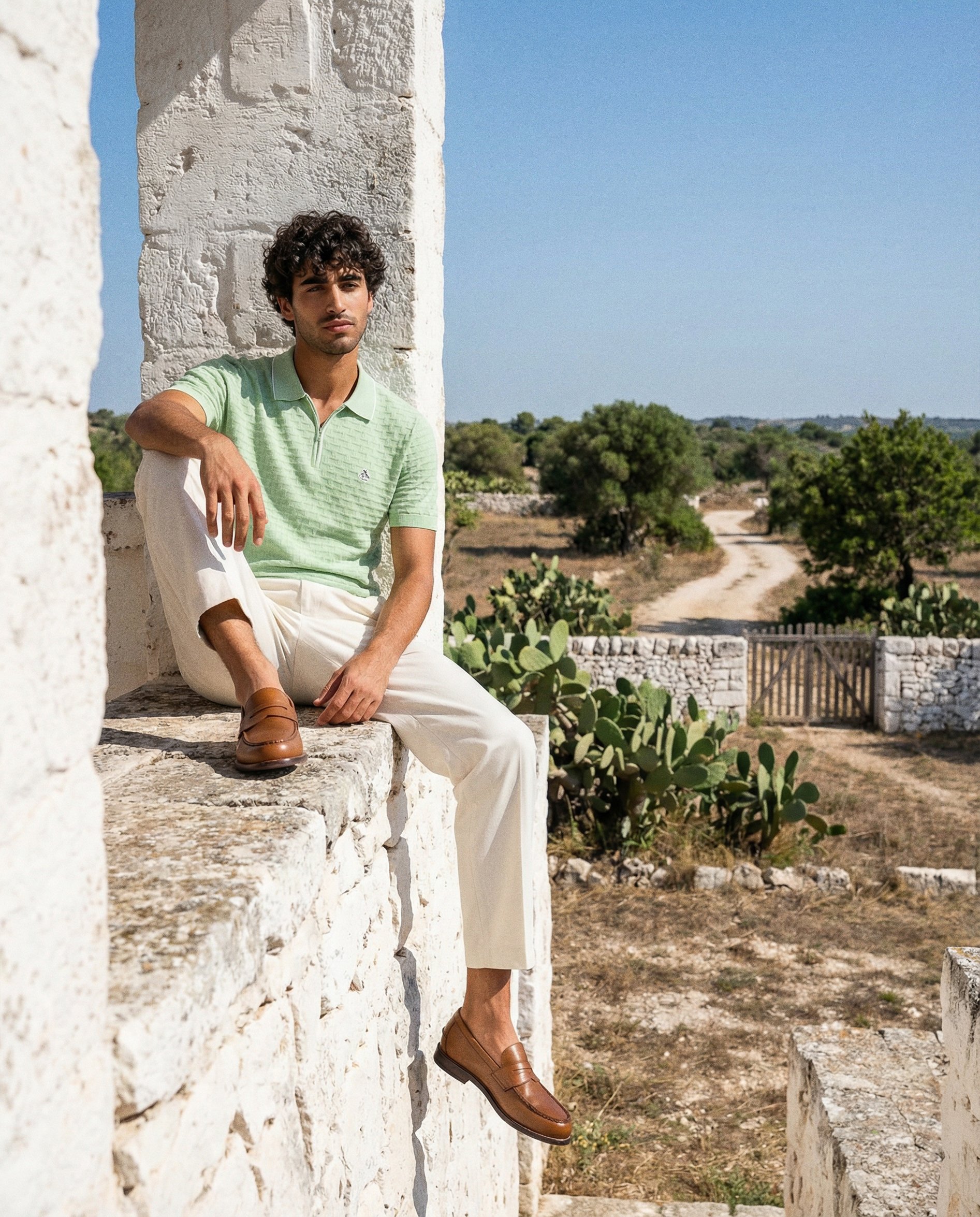 A young man with dark curly hair wearing a light green polo shirt, white pants, and brown loafers sitting on a stone ledge beside a white stone wall. He is outdoors with a dirt road, green bushes, and trees in the background on a clear, sunny day.  A