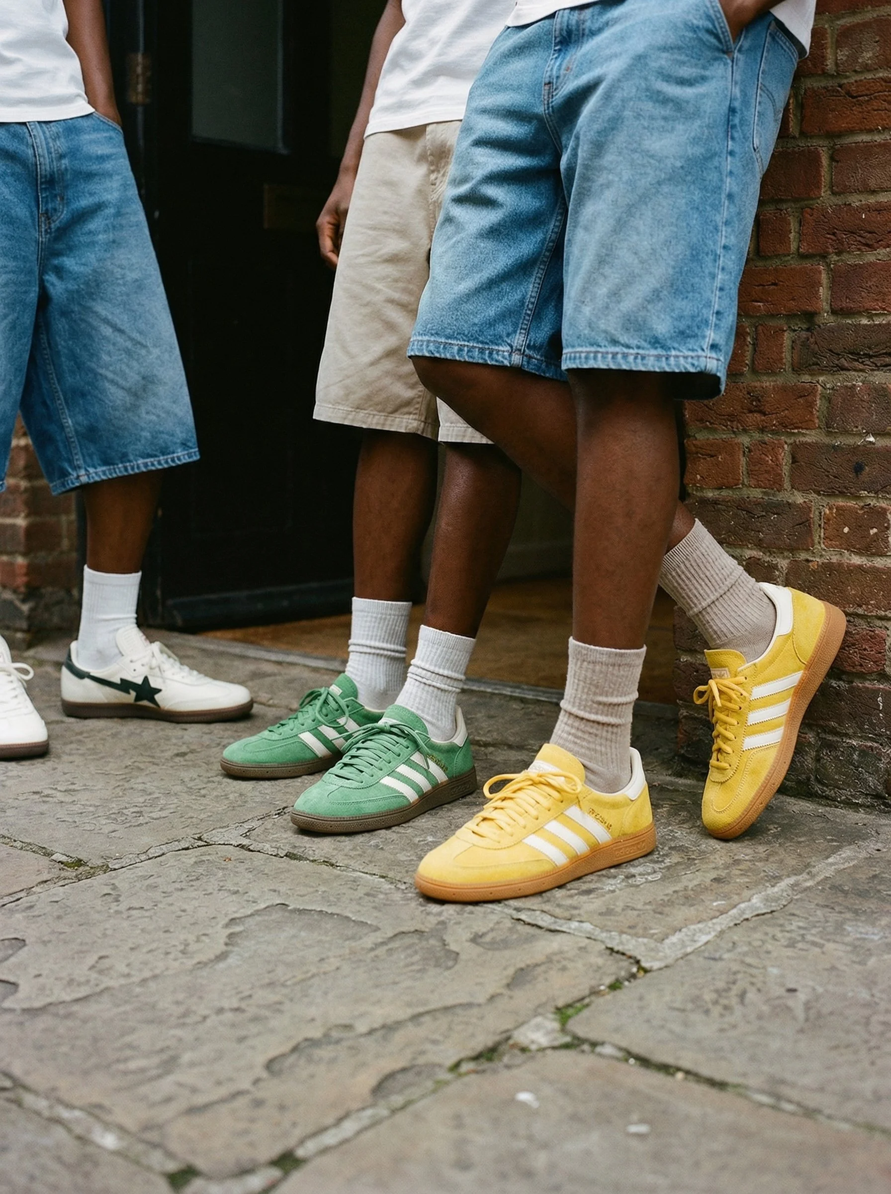 Close-up of three people wearing colorful sneakers, denim shorts, and casual shorts, standing outside on a brick sidewalk near a brick wall and a door.