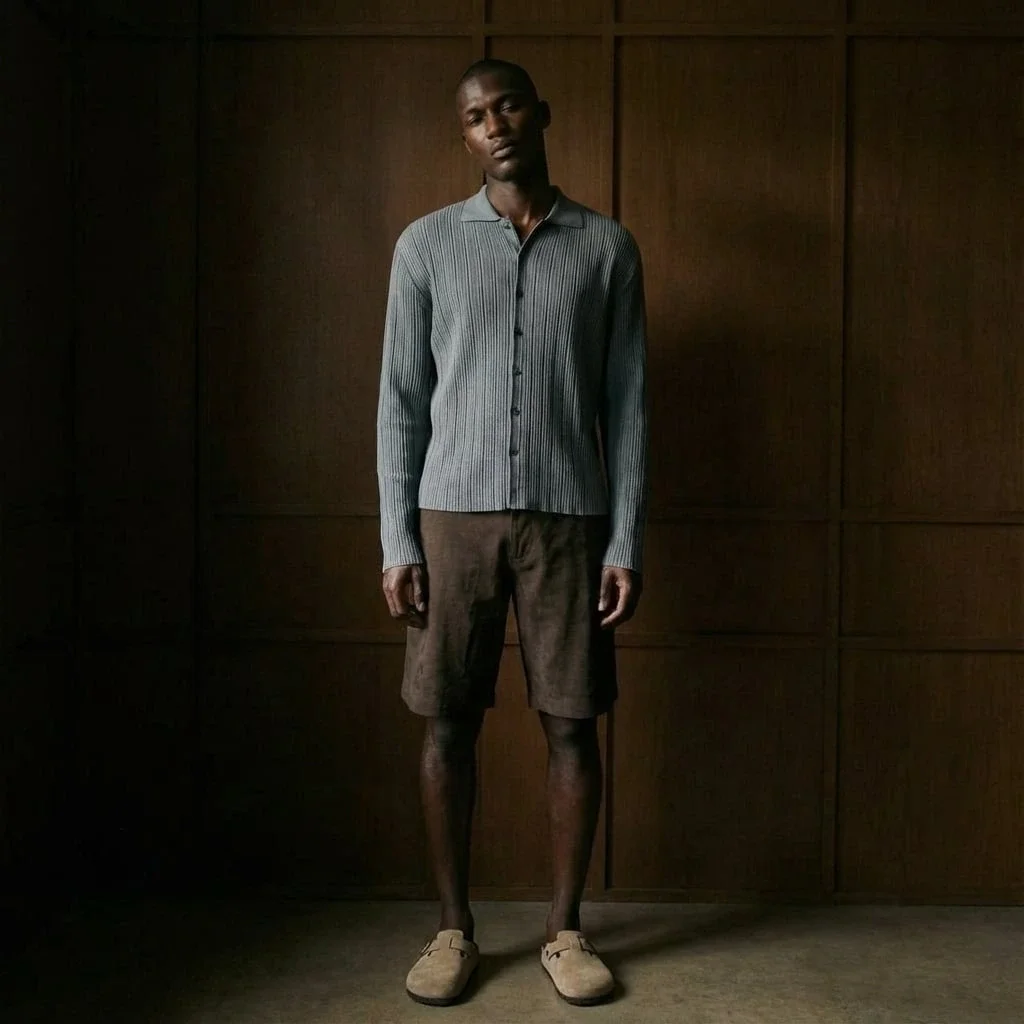 A tall man standing indoors against a dark wooden wall, wearing a striped button-up shirt, brown shorts, and beige slippers.