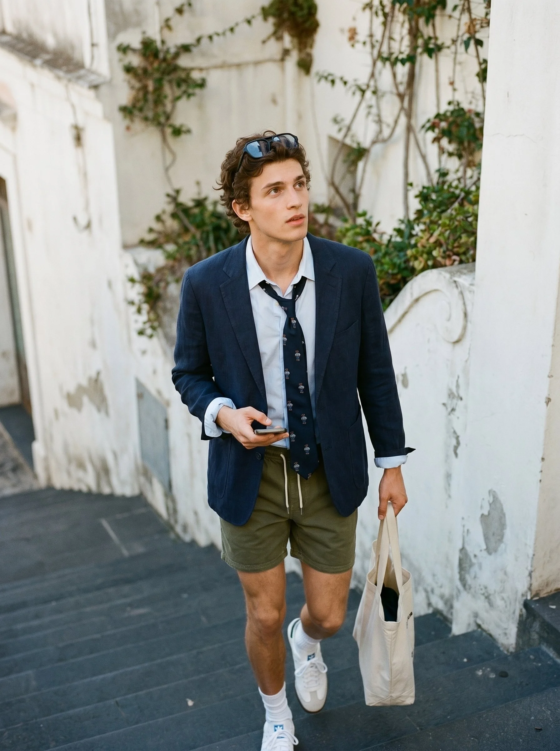 A young man with curly brown hair wearing a navy blazer, white shirt, black tie, green shorts, white socks, and white sneakers, holding a smartphone in his right hand and a beige tote bag in his left hand, walking down a set of black stairs beside a 