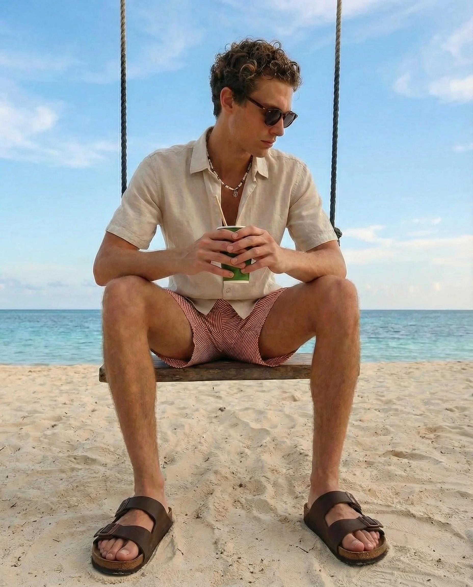 A person sitting on a wooden swing on the beach, wearing sunglasses, a beige short-sleeve shirt, red and white striped shorts, and brown sandals, holding a drink with a straw. The beach has sand, the ocean, and a clear blue sky with some clouds.