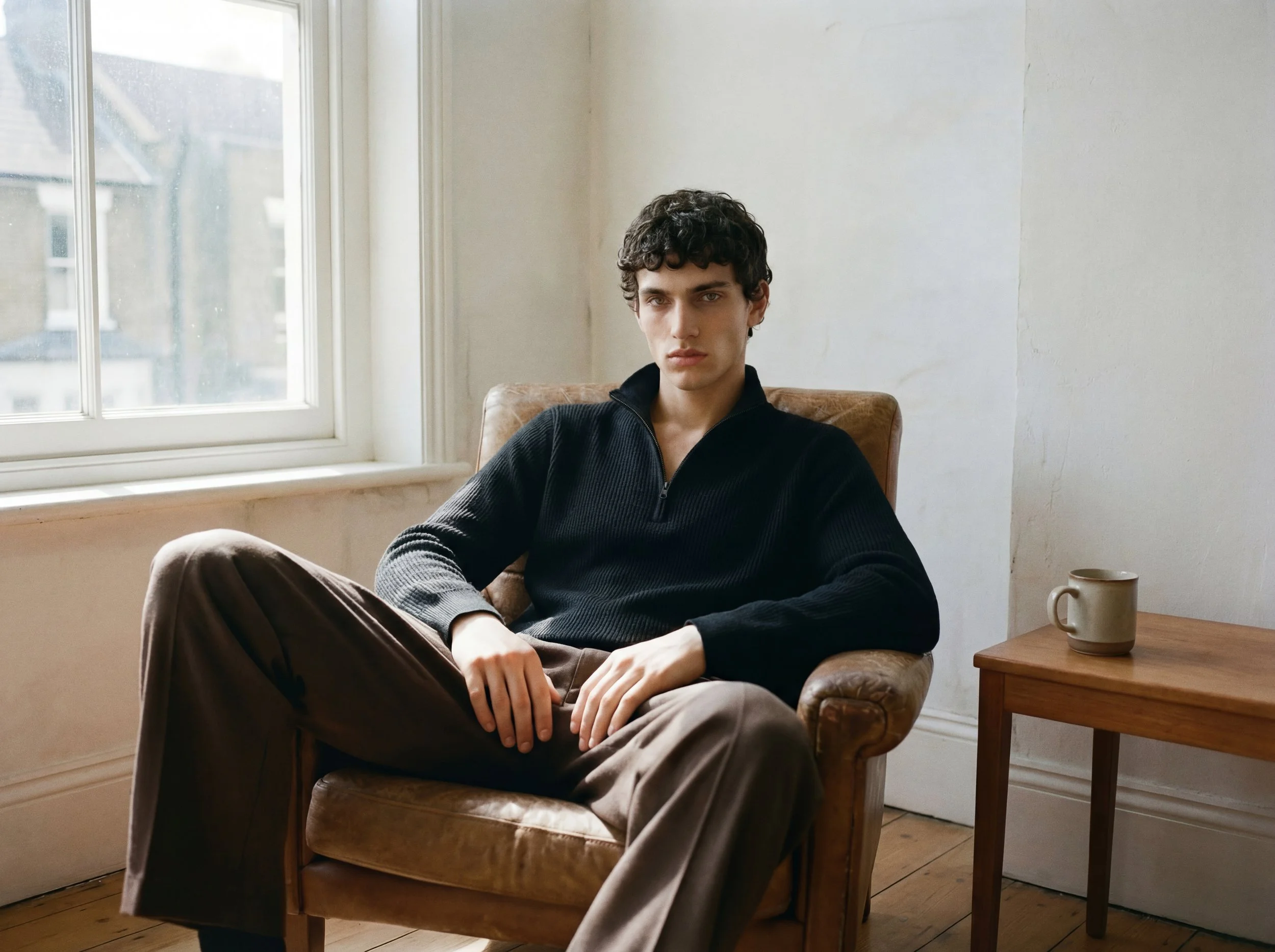 A young man with dark curly hair sitting in a comfortable armchair by a window in a minimalist room, wearing a black zip-up sweater, with a mug placed on a wooden side table next to him.