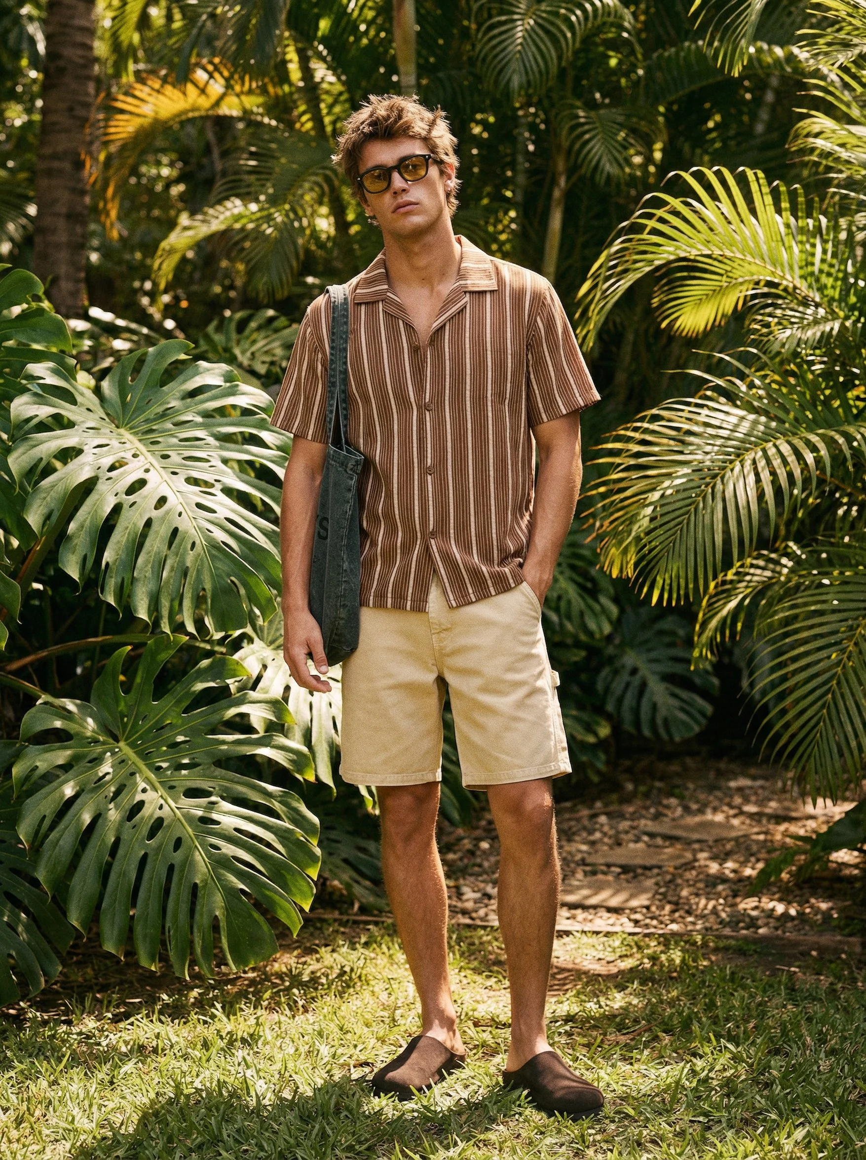 A young man with messy hair wearing sunglasses, a striped short-sleeve shirt, beige shorts, and dark slip-on shoes, standing outdoors in a lush tropical setting with large green leaves and palm trees.