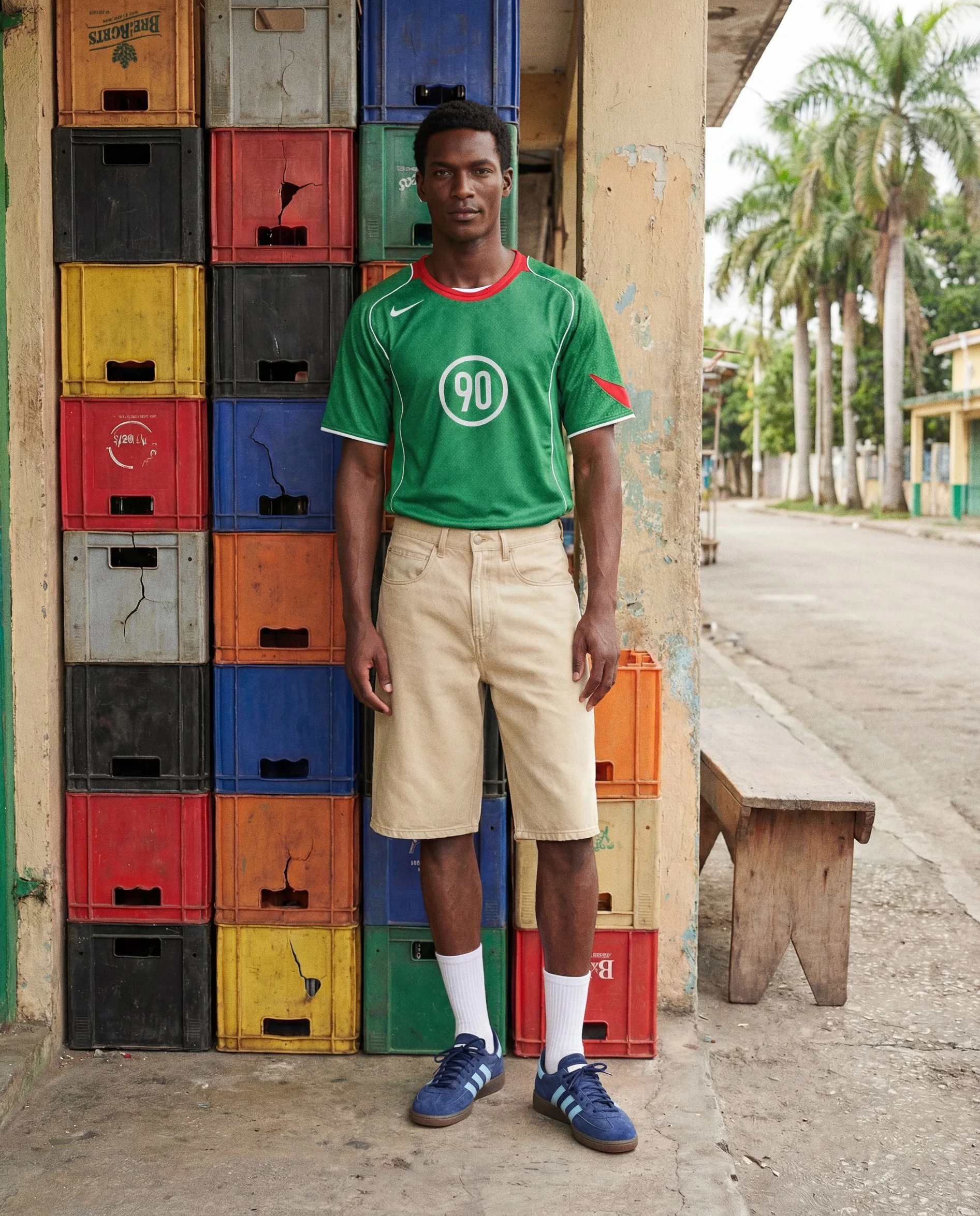 A young man in a green sports jersey, beige shorts, white socks, and blue sneakers is standing in front of colorful crates stacked against a wall. The background features a street scene with palm trees and some buildings.