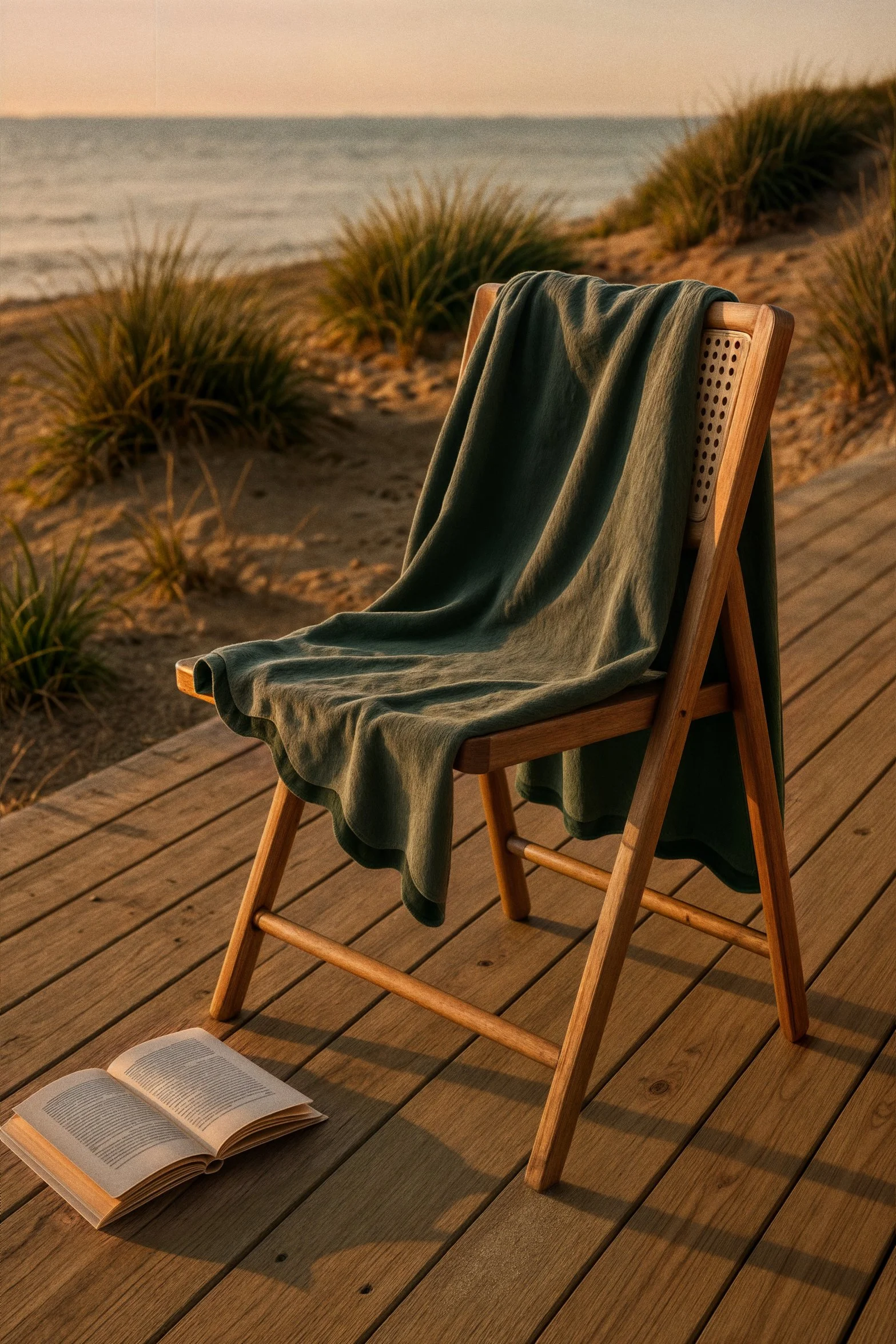 A wooden folding chair with a green cloth draped over its back, situated on a wooden deck near the sandy beach with dune grass. The ocean is visible in the background during sunset.