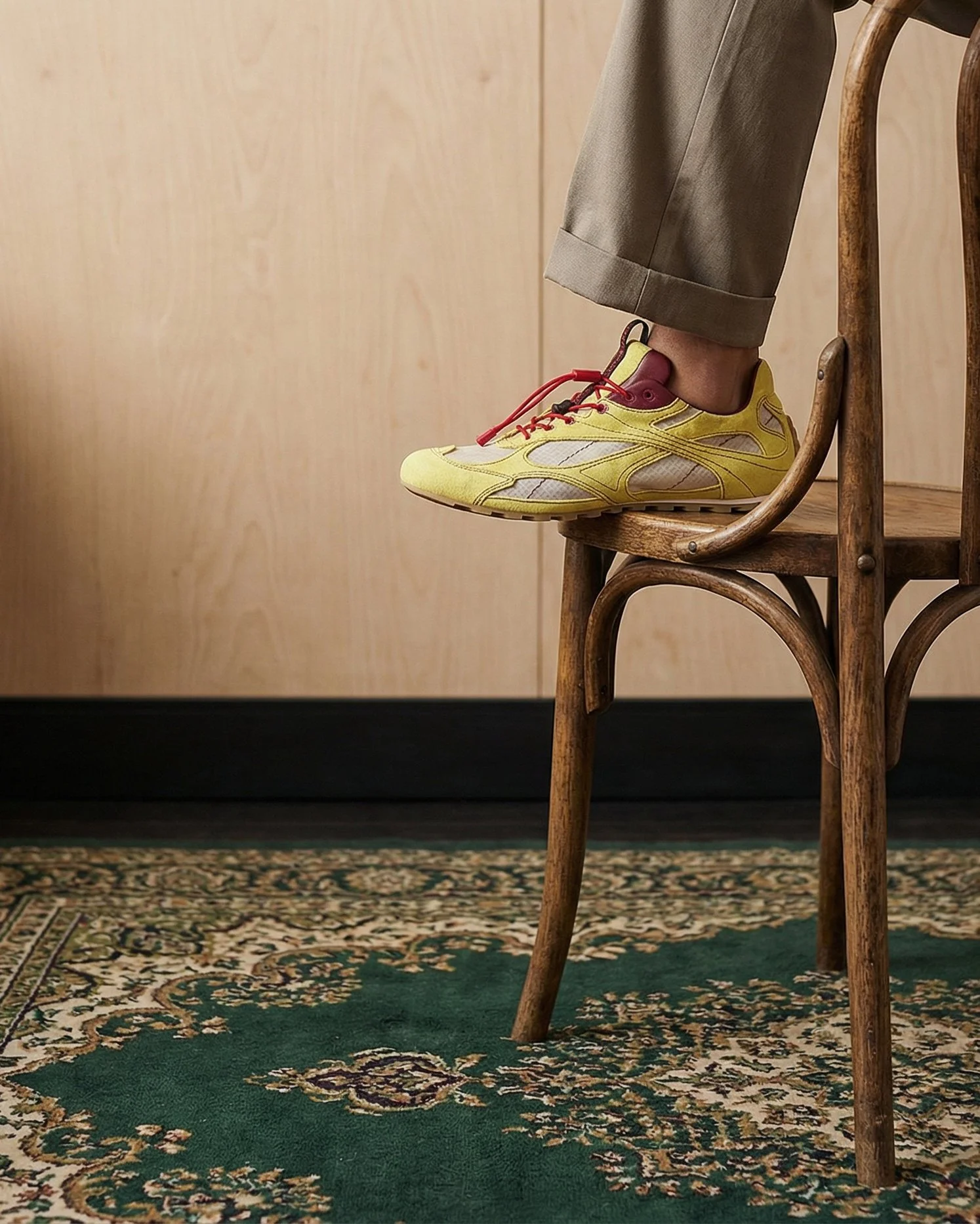 A person wearing yellow and burgundy sneakers is standing on a wooden chair, with beige pants and a beige wall in the background. The chair is on a patterned green and beige rug.