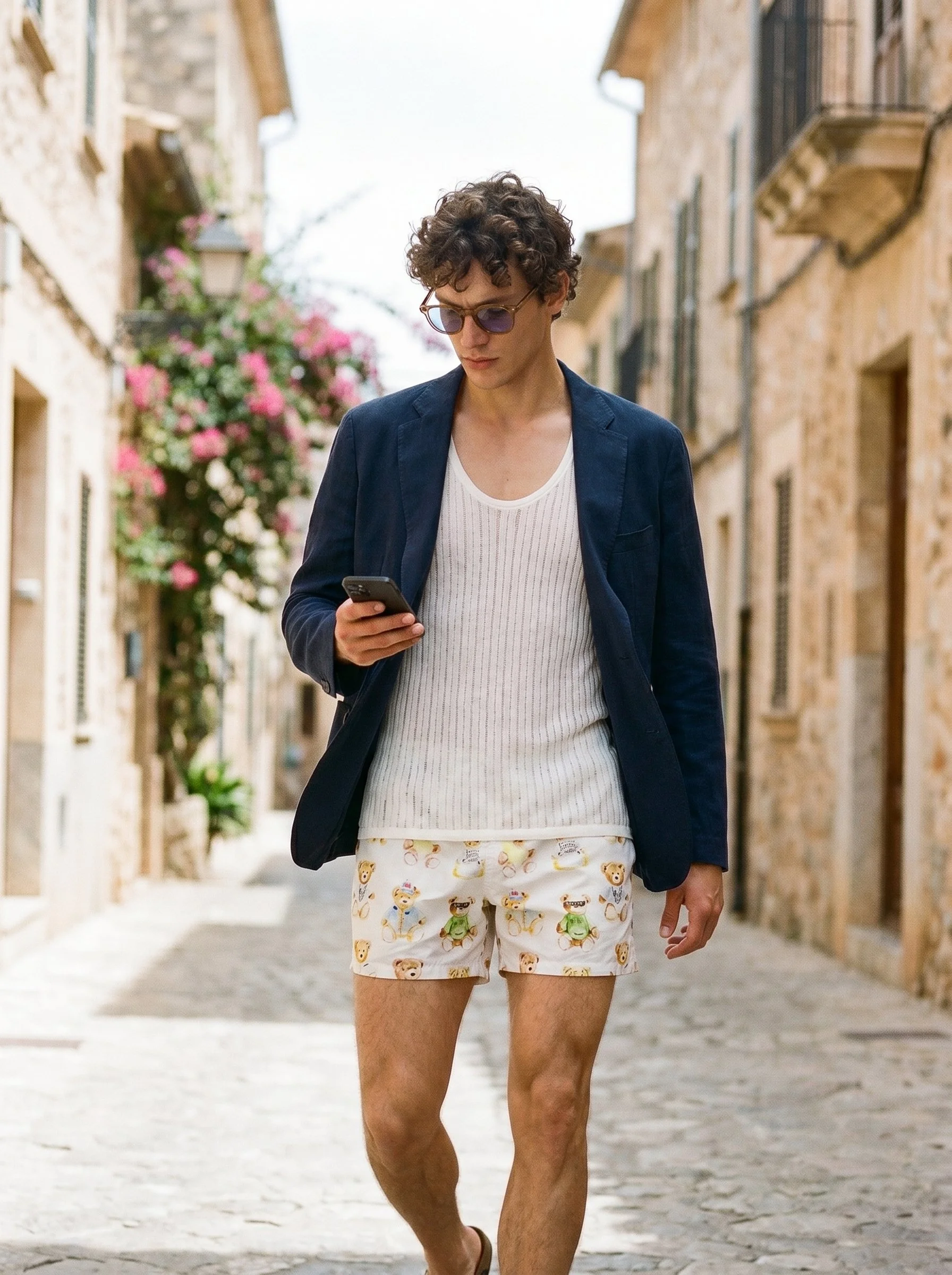 Young man with curly hair wearing sunglasses, a navy blazer, a white ribbed shirt, and teddy bear-patterned shorts, walking on a cobblestone street in a European-style town.