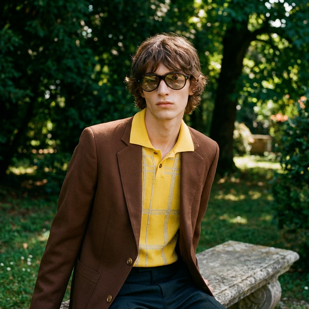 A young man with wavy brown hair and sunglasses standing outdoors next to a stone bench in a garden or park with lush green trees and foliage in the background.