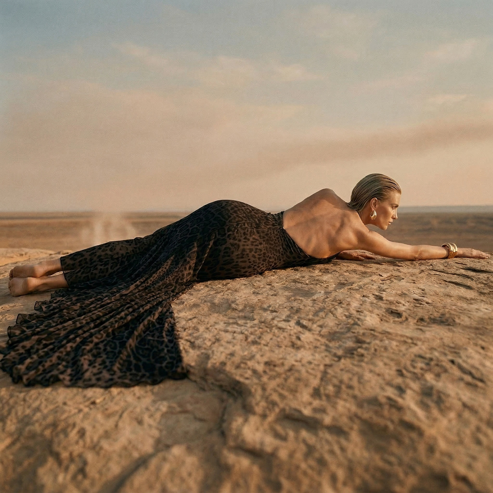 A woman lying on her stomach on a sandy beach, with her head turned to the right, wearing a black leopard print dress, and large earrings, during sunset with a colorful sky. AI EDITORIAL IMAGE, SUMMER 