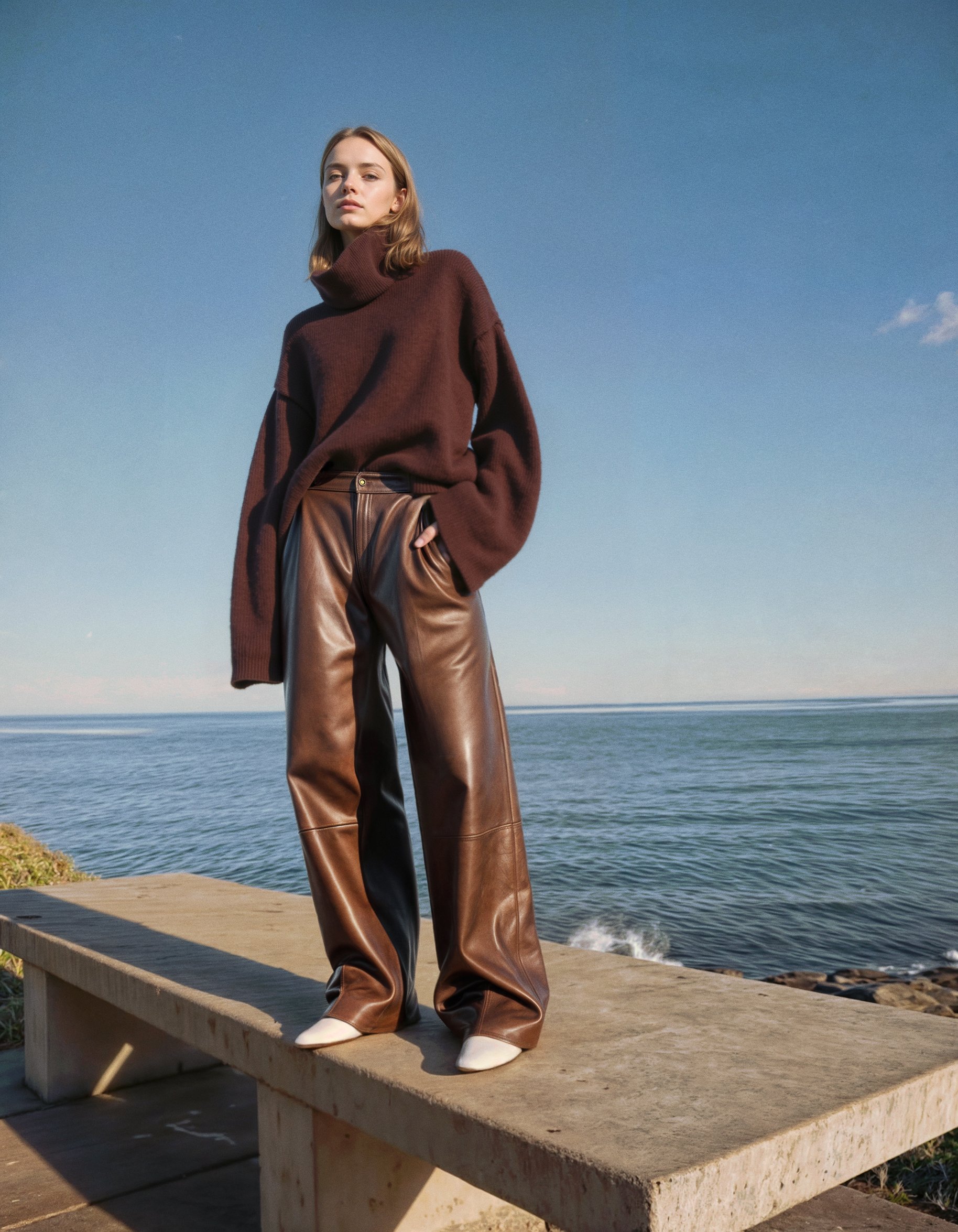 A woman standing on a concrete pier by the ocean, wearing a dark brown turtleneck sweater, leather pants, and white boots, with clear blue sky and water in the background.