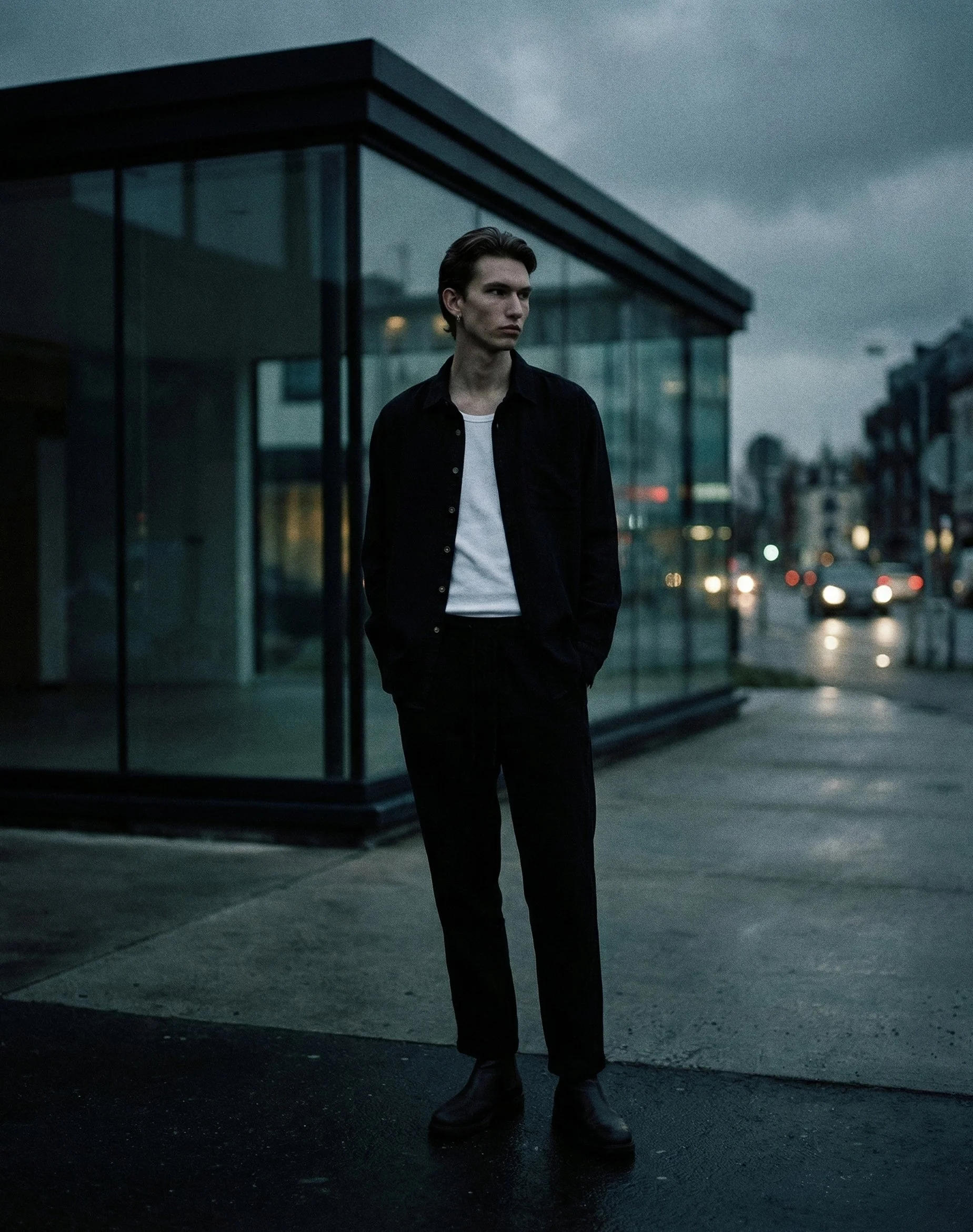 A young man with dark hair stands outside on a wet pavement during evening or early night. He wears a black jacket, white shirt, and black pants, with his hands in his pockets, and looks to the side. In the background, there's a modern glass building