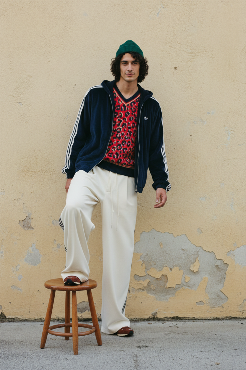 A man standing with one foot on a wooden stool against a weathered yellow wall, wearing a green knit cap, a navy velour Adidas jacket, a red leopard print sweater, and white wide-leg pants.