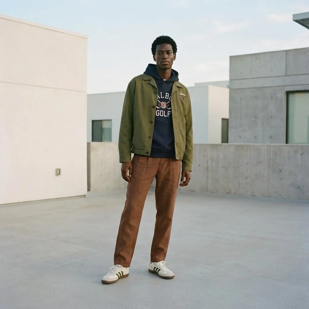 A young man standing on a rooftop with modern white and gray buildings in the background, wearing a green jacket, navy hoodie with golf logo, brown pants, and white sneakers with black stripes.