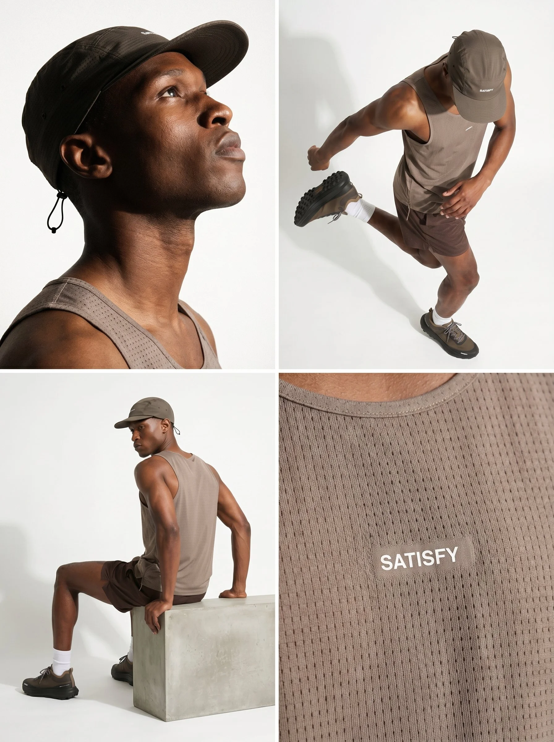 A man wearing a beige tank top, brown shorts, and a beige cap is performing a fitness pose on a white background. The image also shows close-up details of his tank top with the word 'SATISFY' and fabric texture.