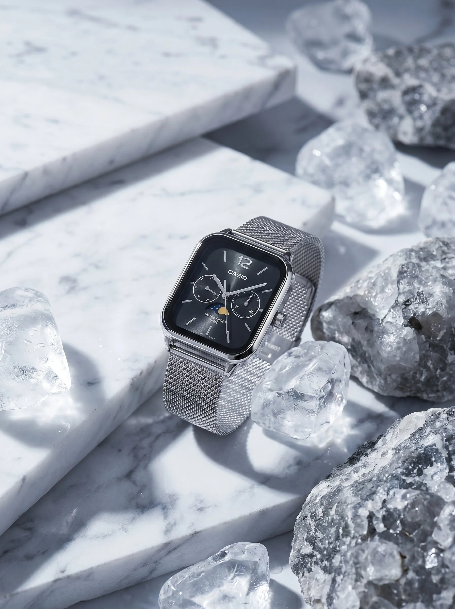 A silver Casio smartwatch with a mesh band resting on ice and marble slabs.