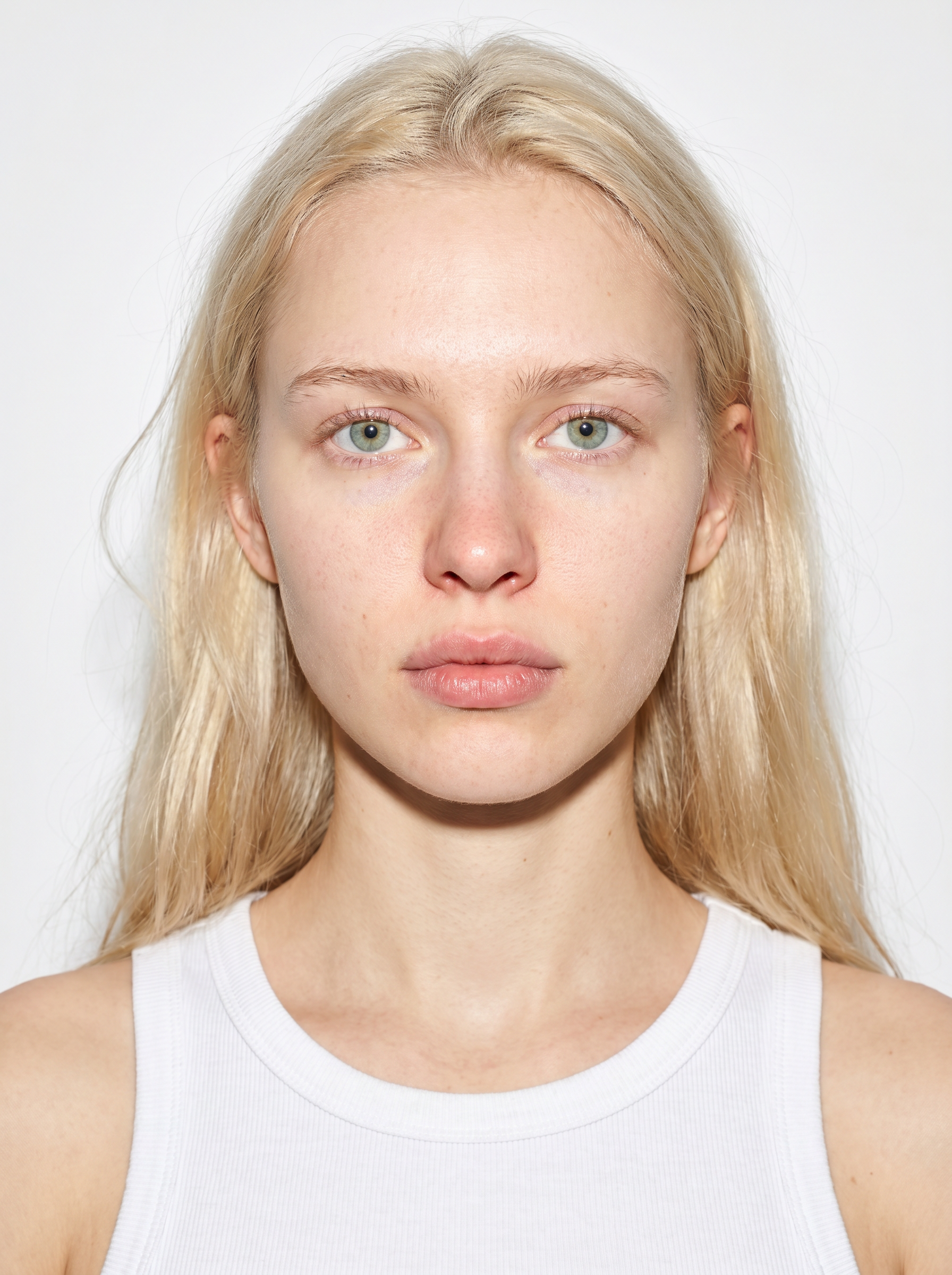 Front view of a woman with blonde hair wearing a white tank top, looking directly at the camera with a neutral expression, against a plain white background. AI fashion model.