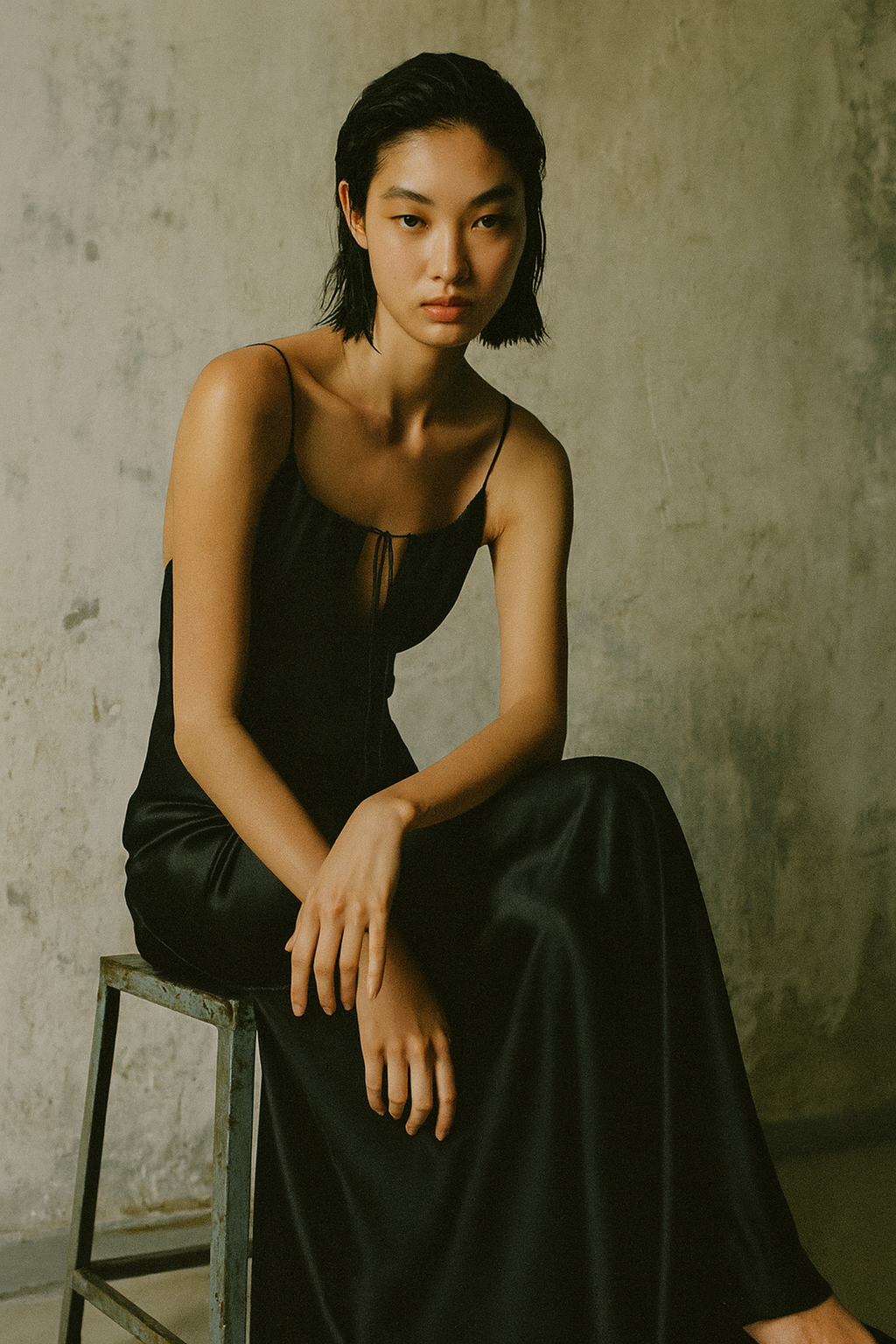 A woman with short black hair, wearing a black spaghetti strap dress, sits on a metal stool against a textured, neutral background.