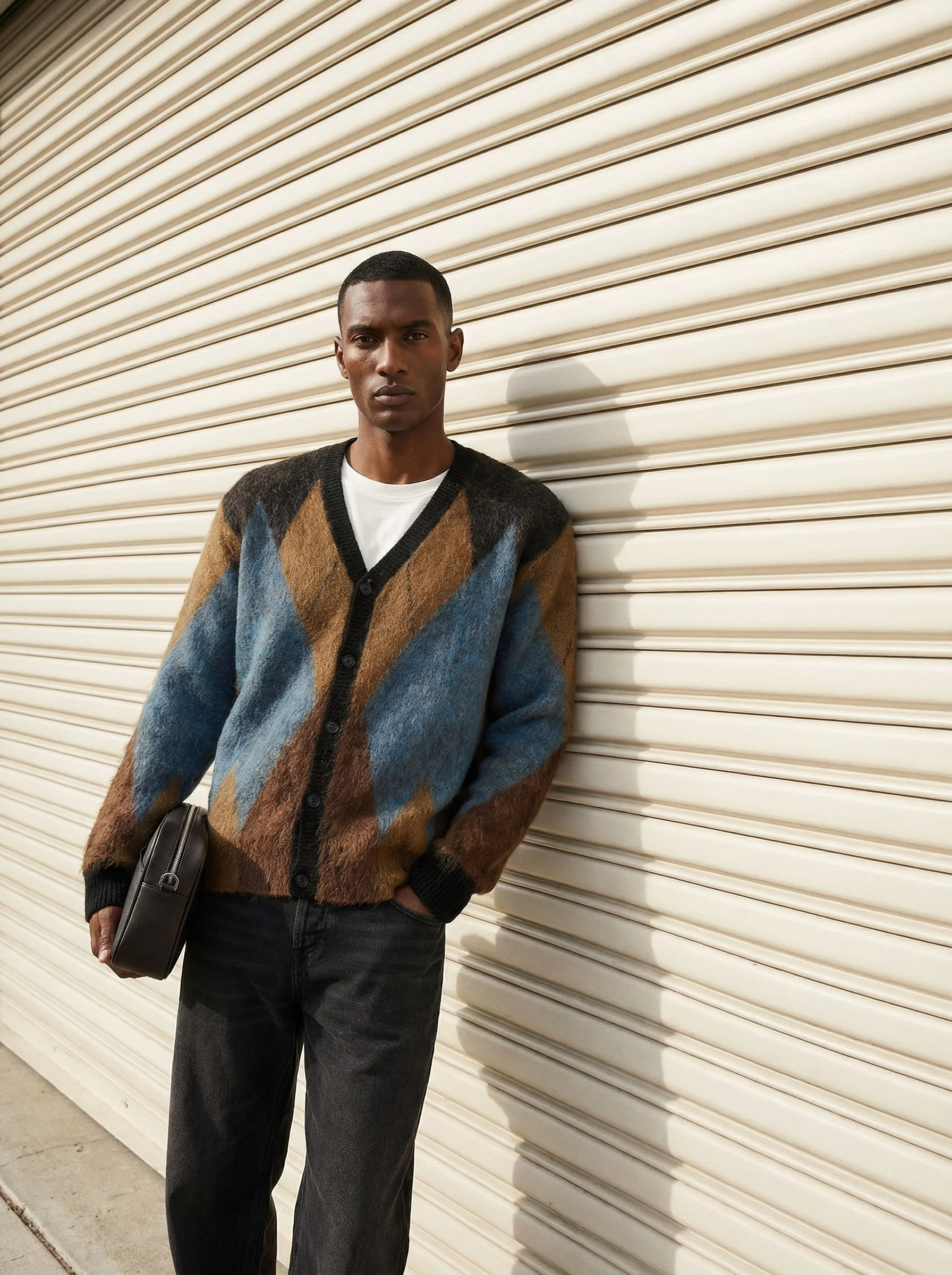 A young man with short black hair and dark skin stands in front of a closed beige roll-up garage door. He is wearing a multi-colored patterned cardigan, a white T-shirt, and black jeans. He is holding a small black crossbody bag, and his hands are in