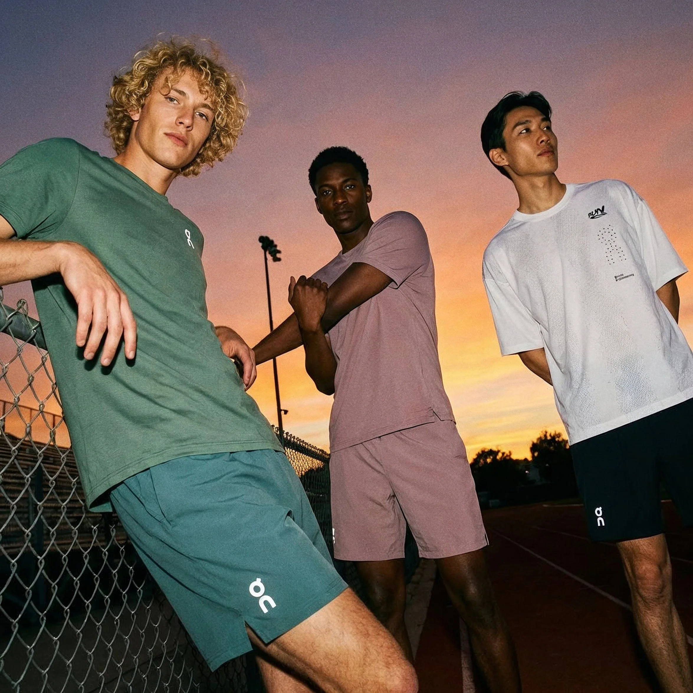 Three young men standing by a chain-link fence during sunset or dusk, looking in different directions.  AI fashion editorial image.Polo Ralph Laurent.