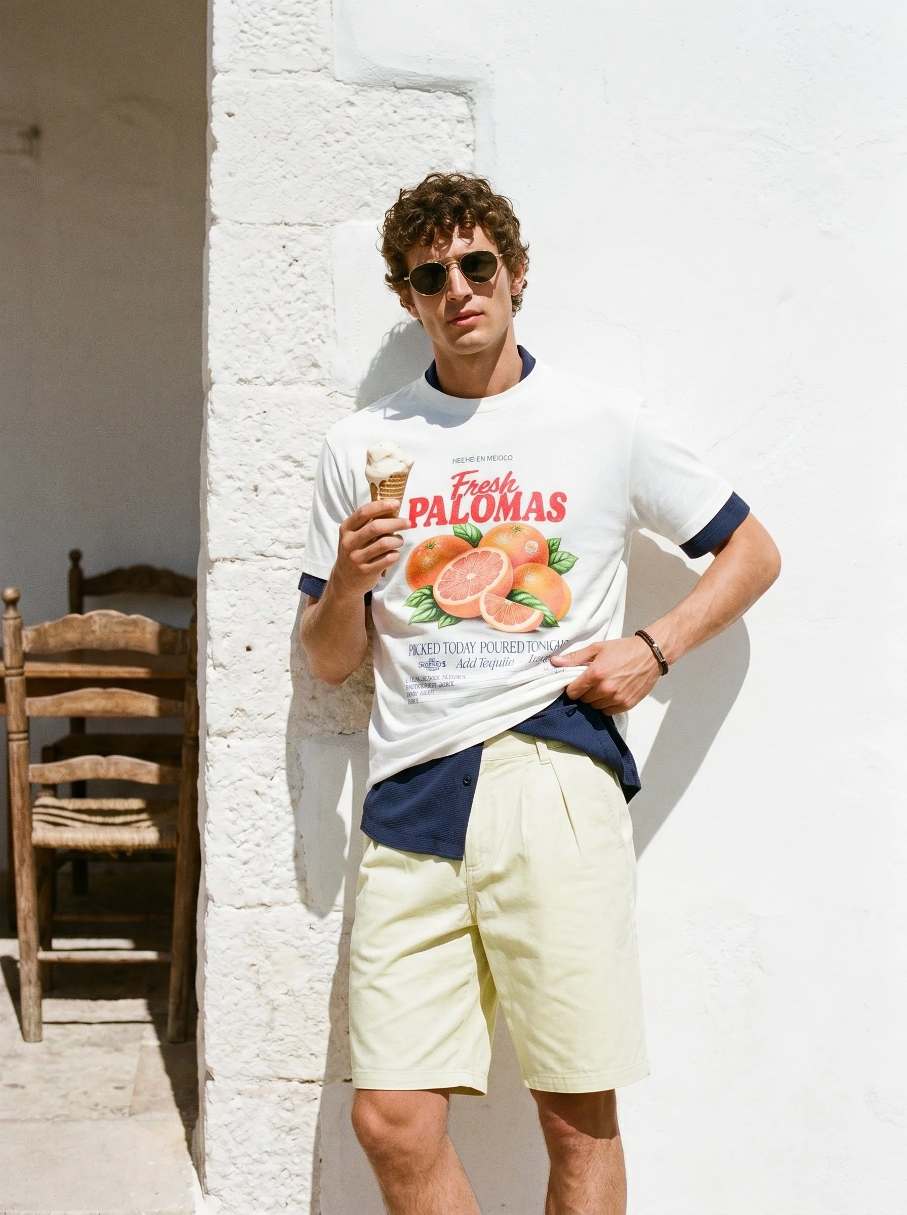 A young man with curly brown hair wearing sunglasses, a white T-shirt with a grapefruit graphic, and light-colored shorts, standing against a white wall outdoors while holding an ice cream cone.