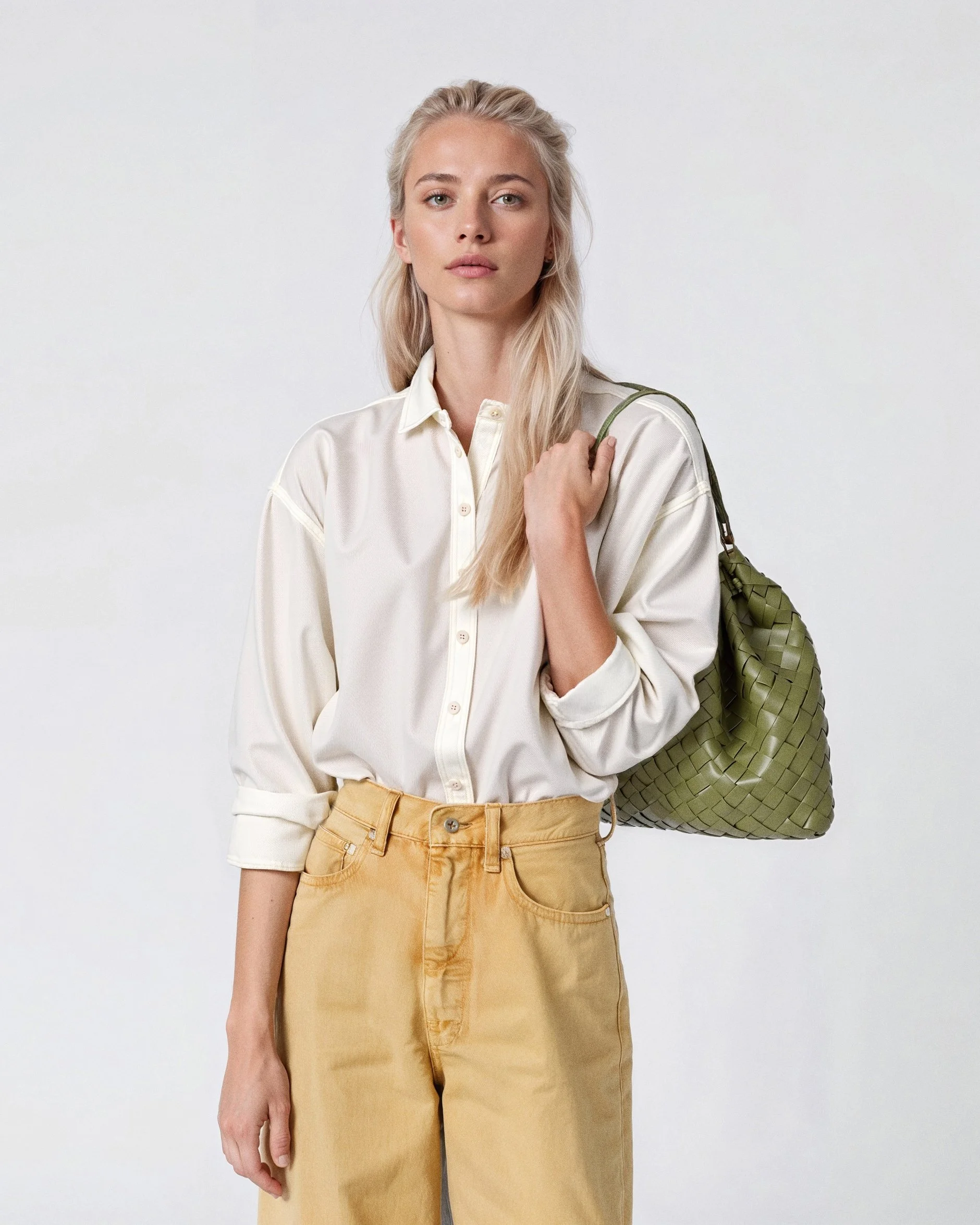 A young woman with long blonde hair, wearing a cream-colored button-up shirt and tan pants, is holding a green woven bag over her shoulder, standing against a plain white background.