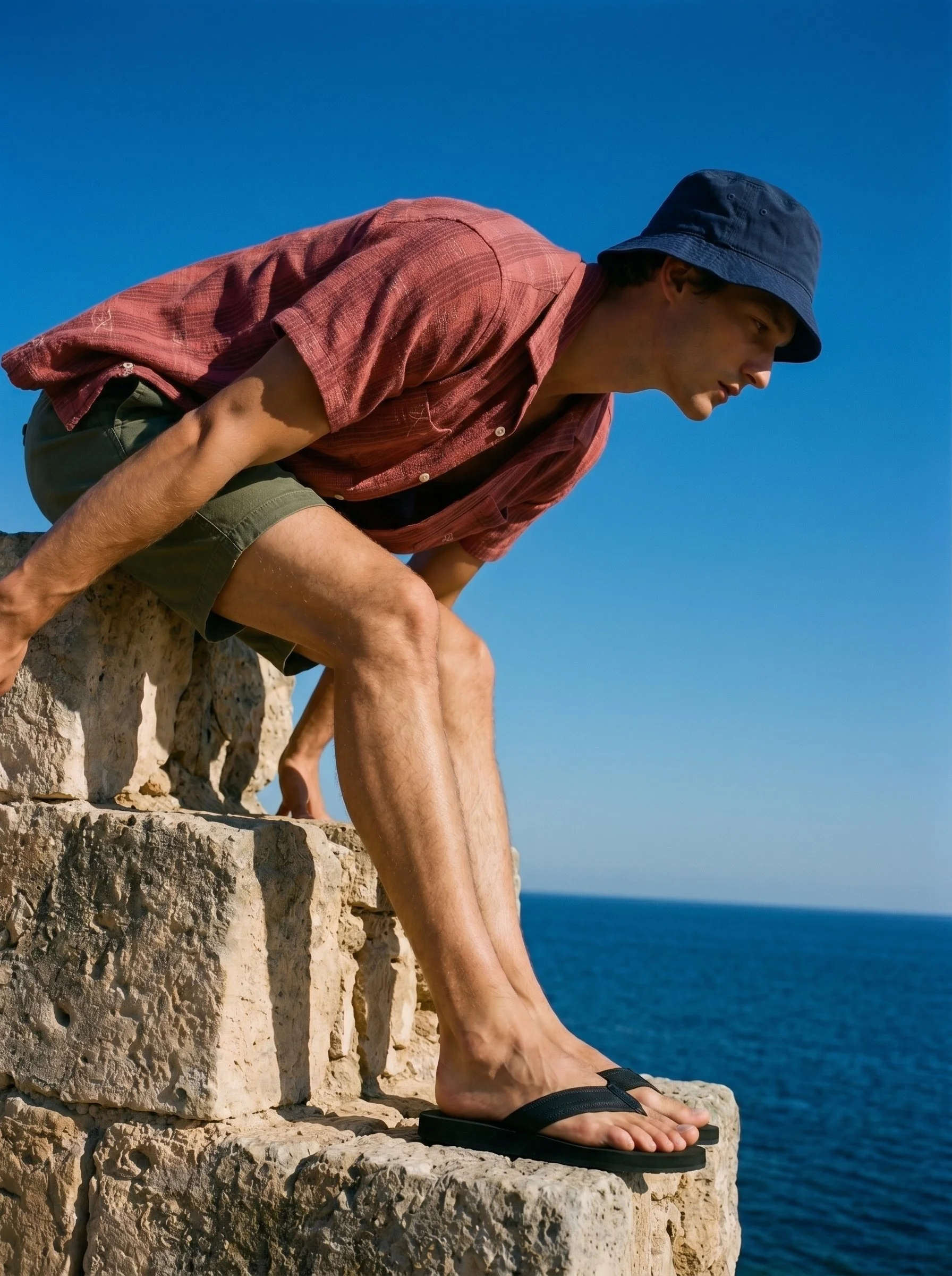 A young man wearing a blue bucket hat, red plaid shirt, and green shorts crouches on a stone ledge overlooking the ocean, with a clear blue sky above.