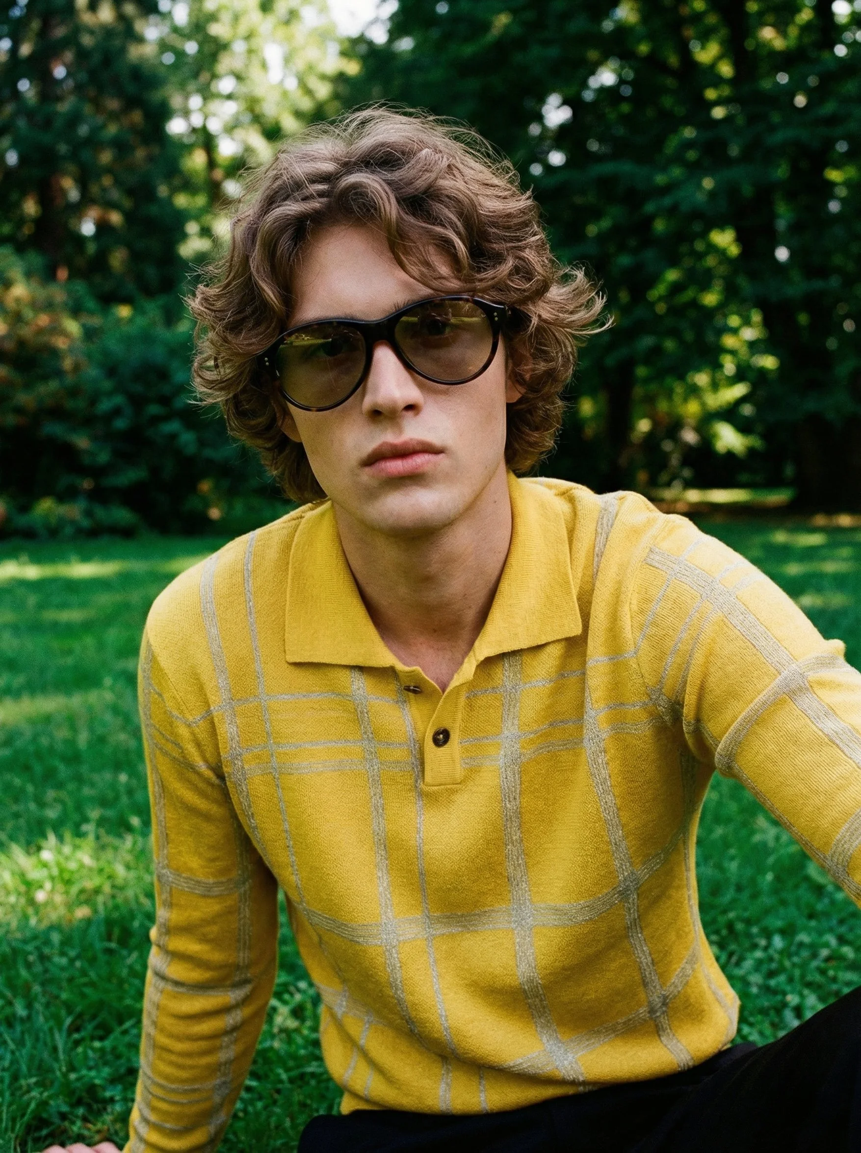 A young man with curly brown hair wearing black sunglasses and a yellow checkered polo shirt, sitting outdoors in a lush green park.  AI fashion editorial.