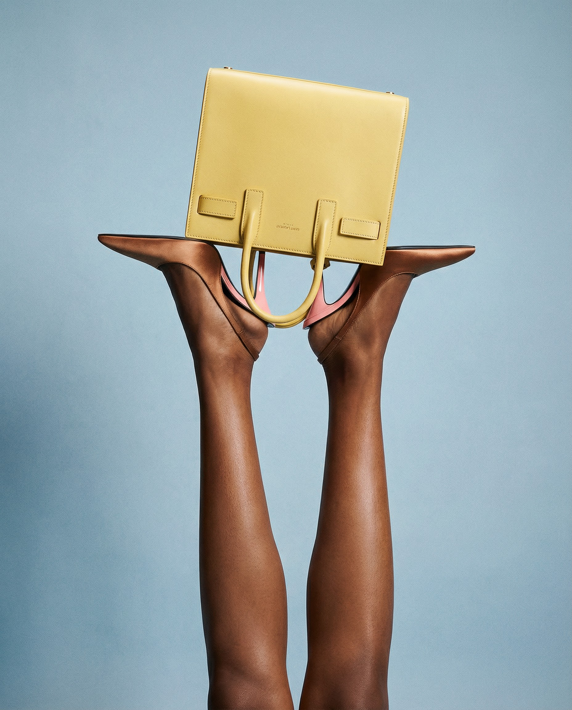 Two hands holding a yellow handbag with brown high-heeled shoes against a light blue background.