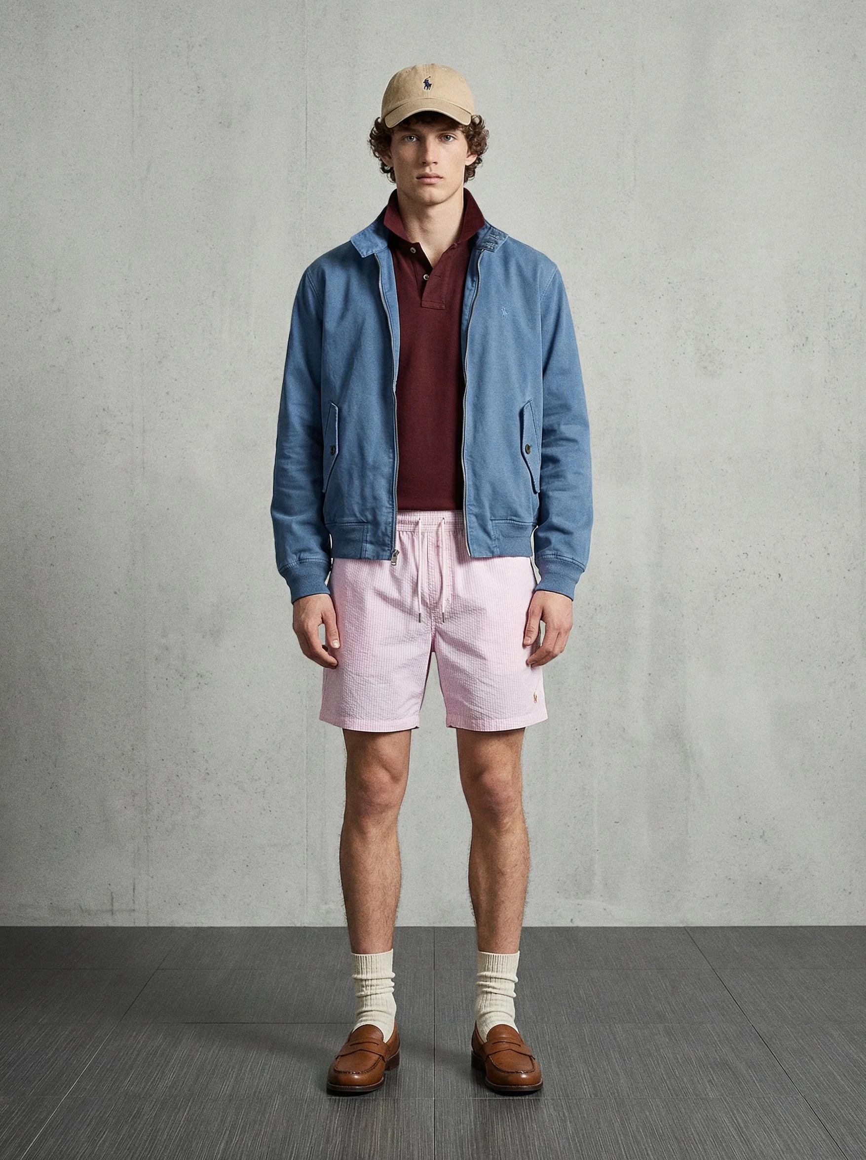 Young man standing against a plain wall, wearing a beige cap, blue jacket, maroon polo shirt, pink shorts, beige socks, and brown shoes.