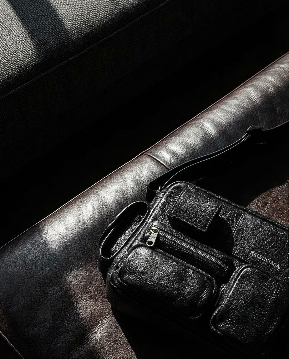 Black leather Balenciaga clutch and a small matching pouch resting on a dark leather surface, illuminated by light.