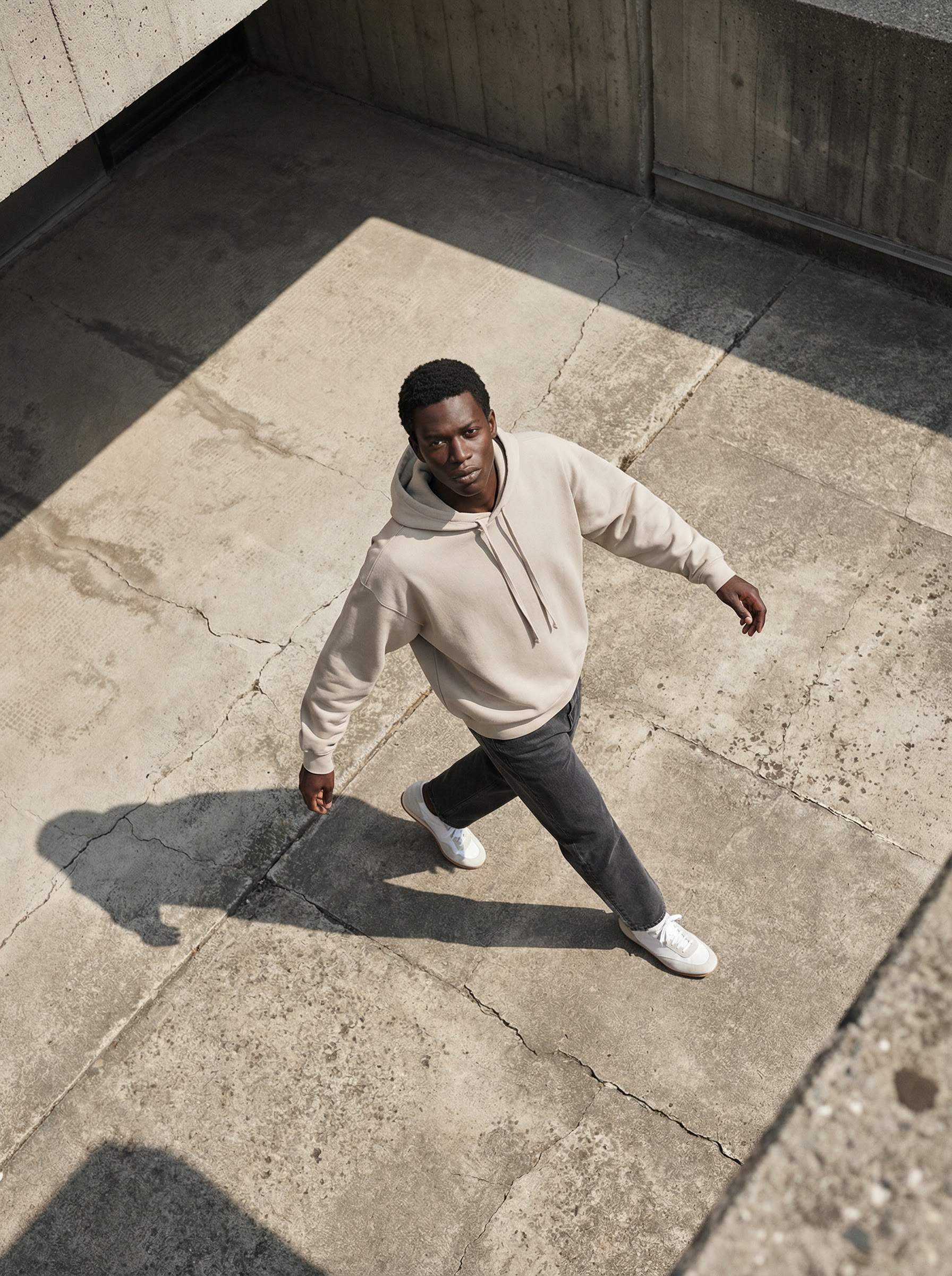 A young man looking up at the camera, standing on a concrete surface with cracks, partially shaded by a building or structure, wearing a beige hoodie, dark pants, and white sneakers.
