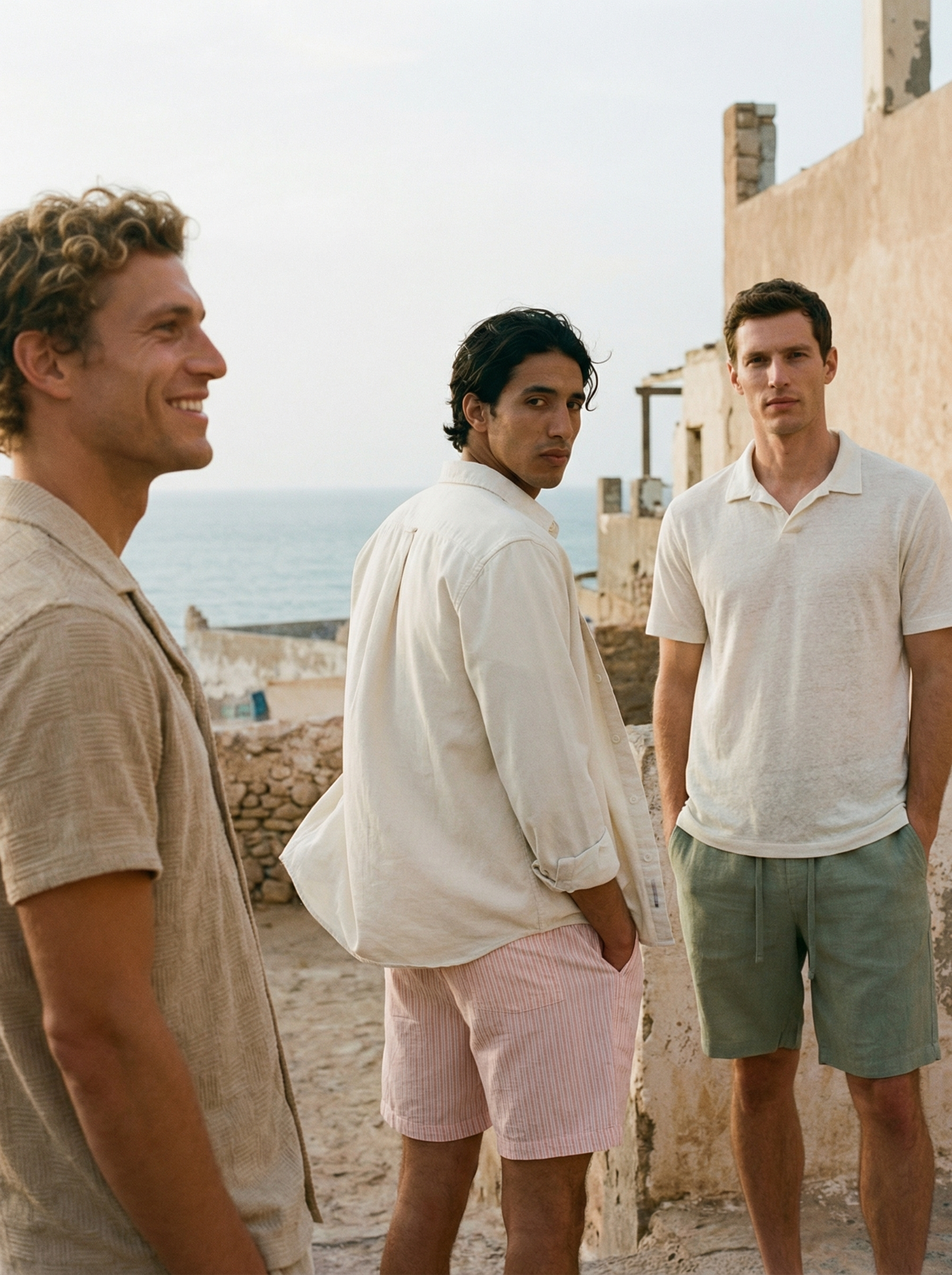 Four young men standing outdoors on a beach, dressed in summer clothing, with ruins and the ocean in the background.
