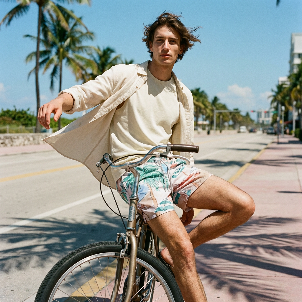 A young man in casual summer clothes riding a bicycle on a sunny street with palm trees.