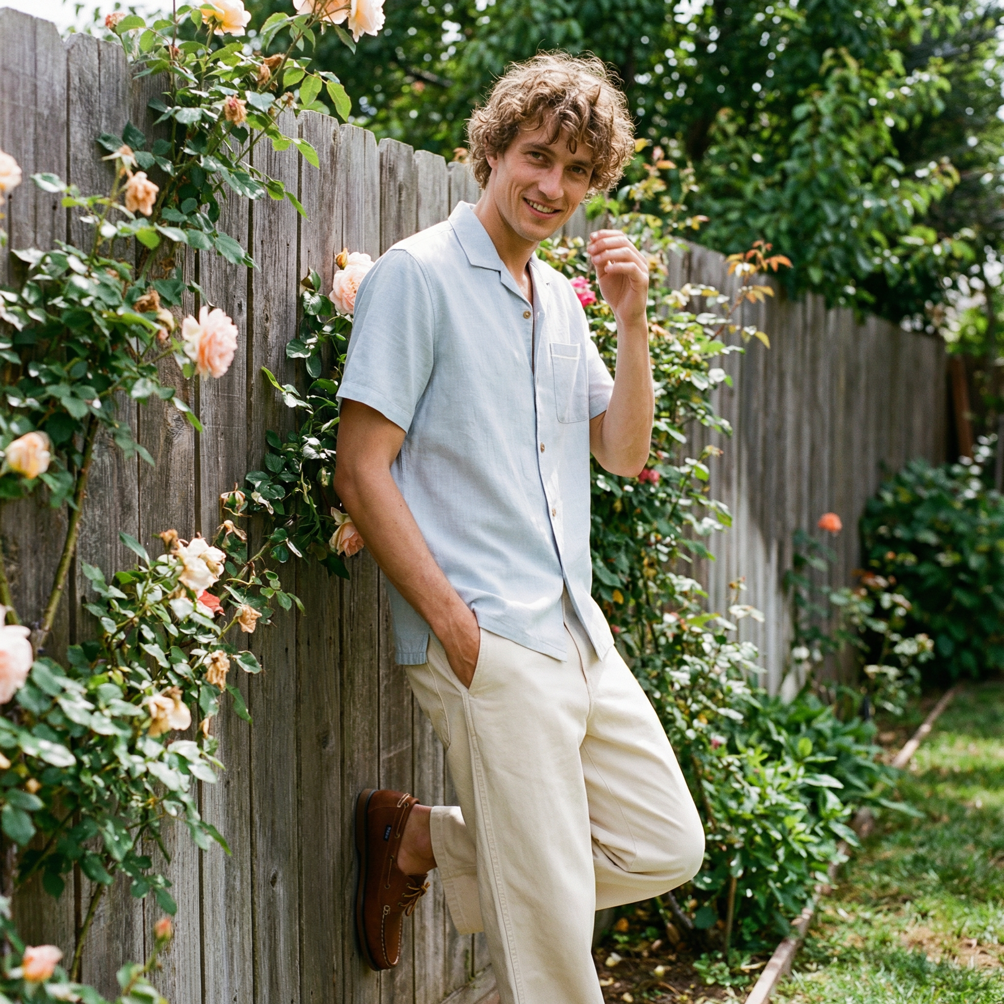 A young man with curly hair smiling while leaning against a wooden fence covered with pink and white roses, in a garden with green foliage.