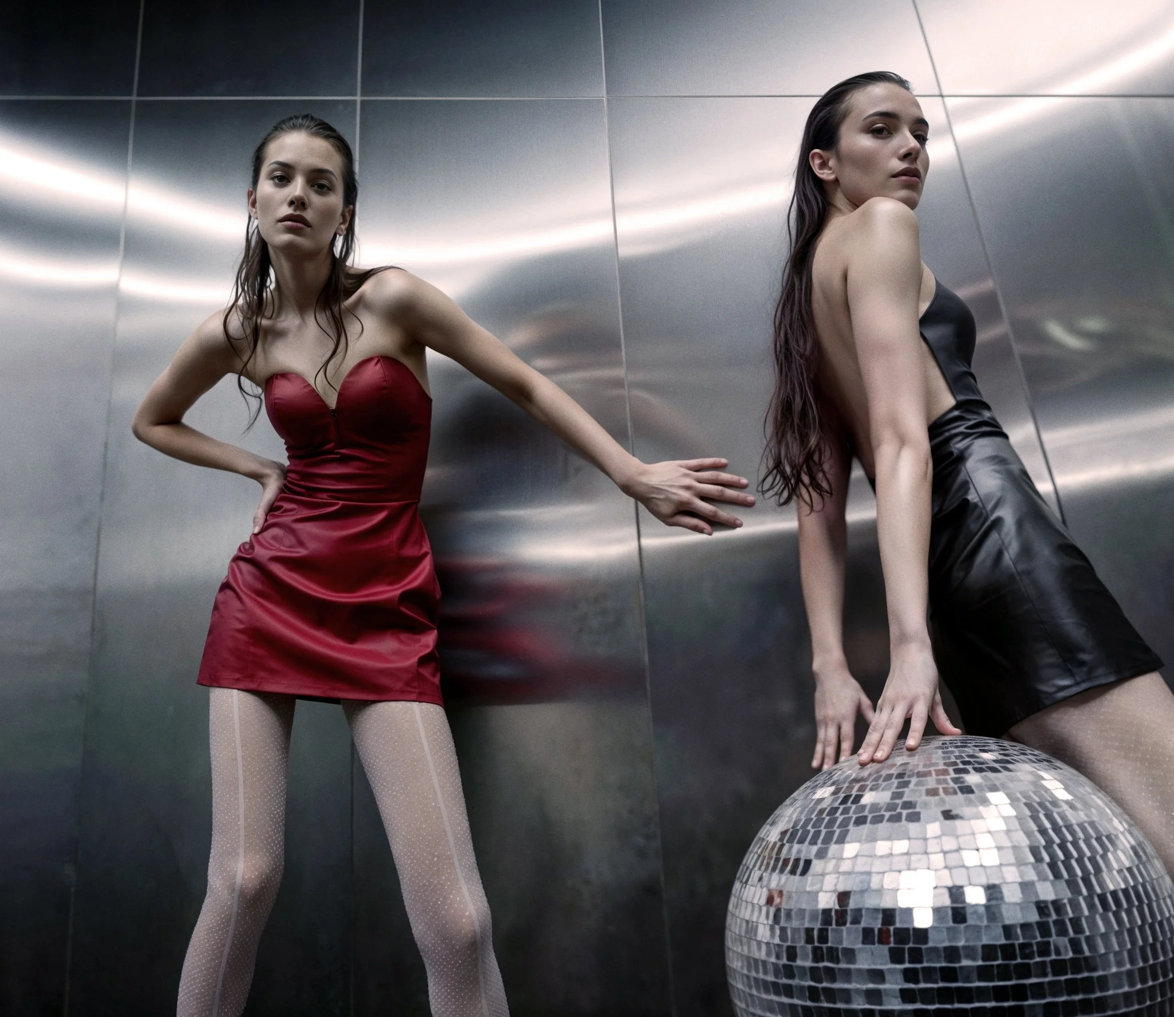 Two women with wet hair and makeup, wearing fashionable dresses, standing in an elevator with reflective metal walls. One woman wears a red dress and fishnet stockings, and the other wears a black outfit. There is a disco ball on the floor in front o